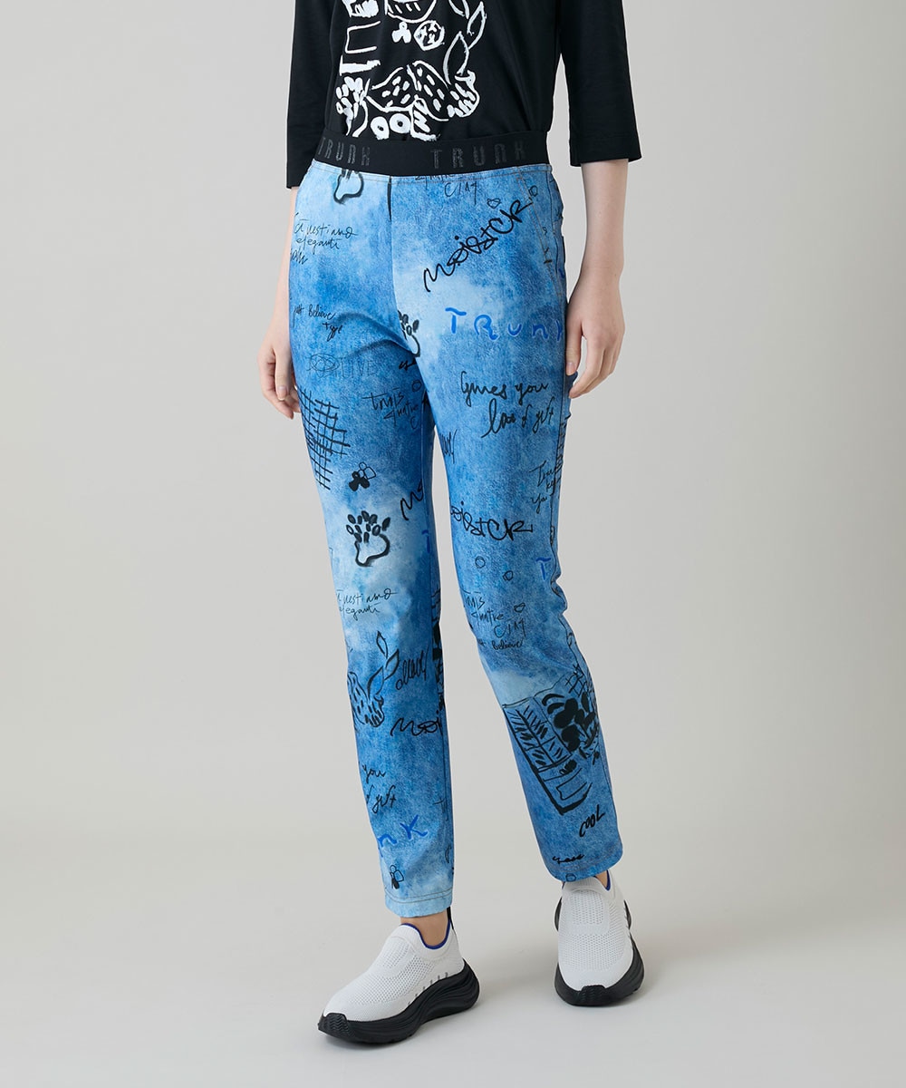 デニム風アートプリントレギンスパンツ/日本製/洗える
