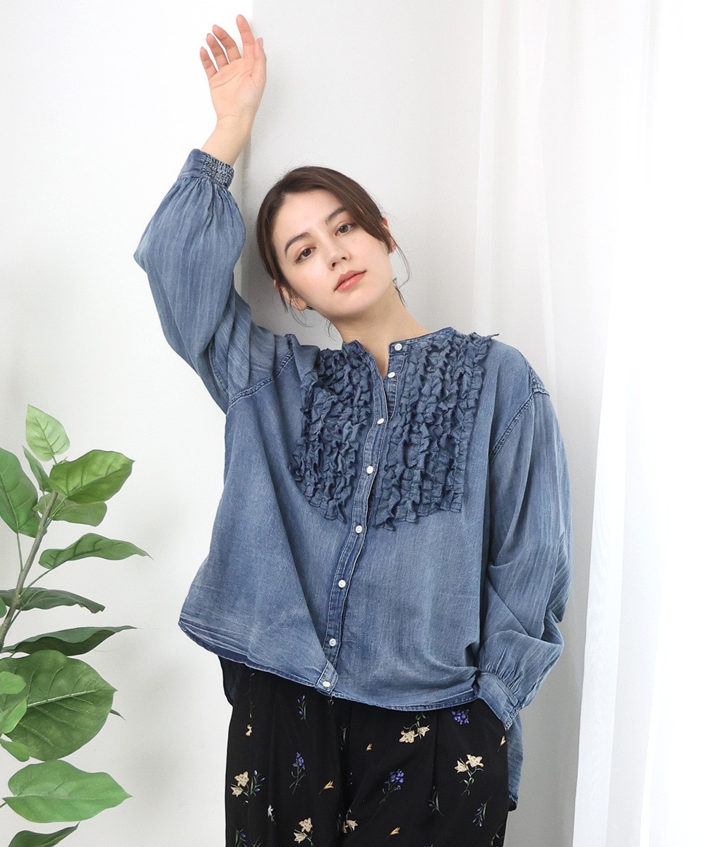 デニムライクフロントフリルブラウス