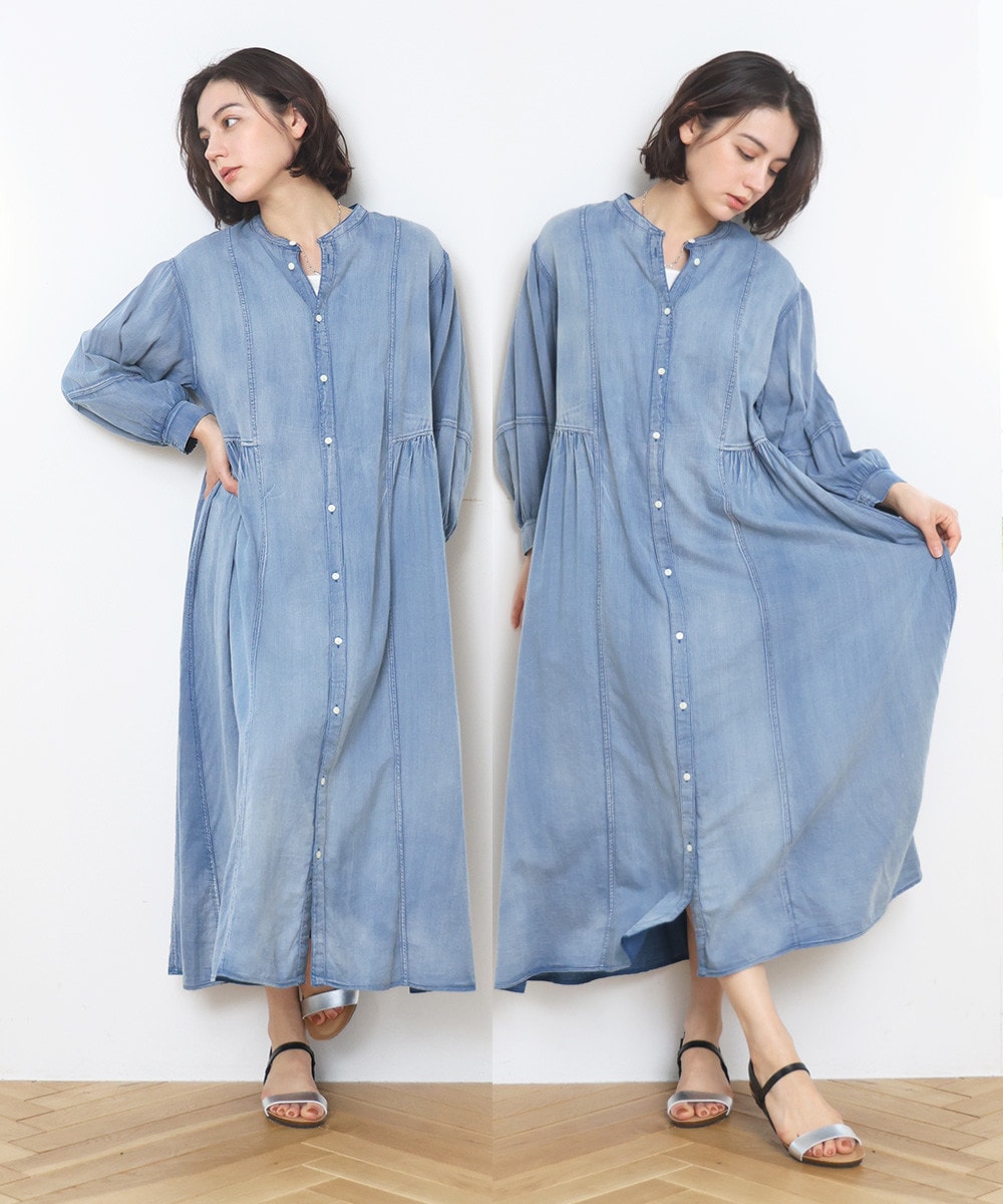 デニムライクサイドギャザーワンピース