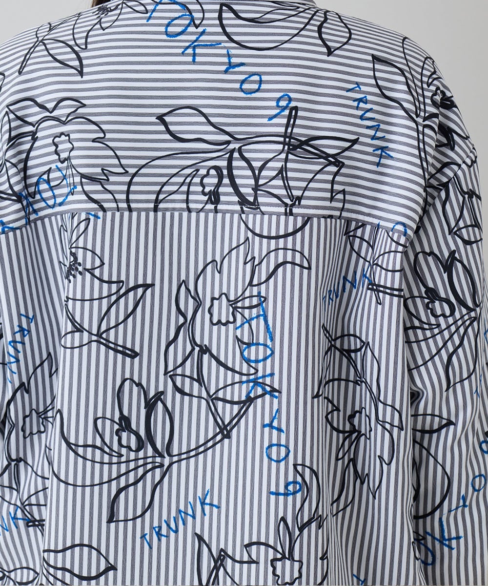 ストライプフラワーワイドシルエットシャツ /洗える