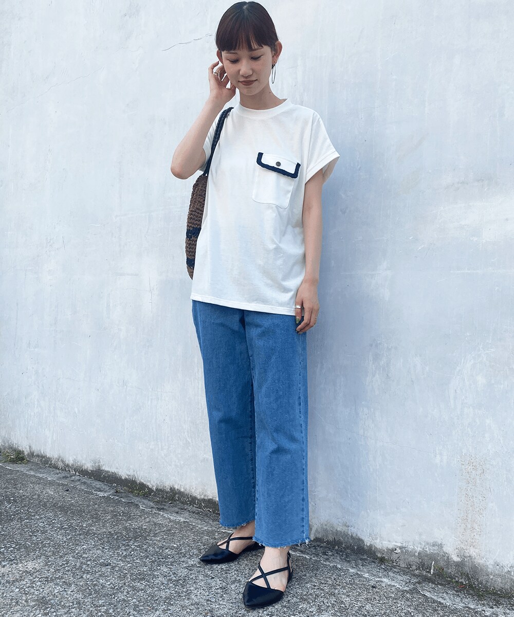 異素材ツイードトリミングポケット フレンチスリーブTシャツ