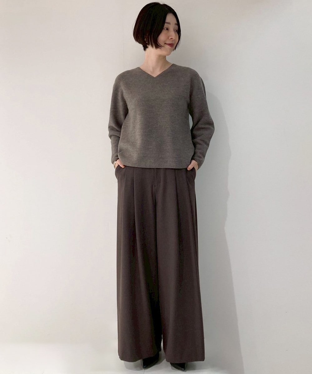 ニット×チェック柄ワイドパンツ