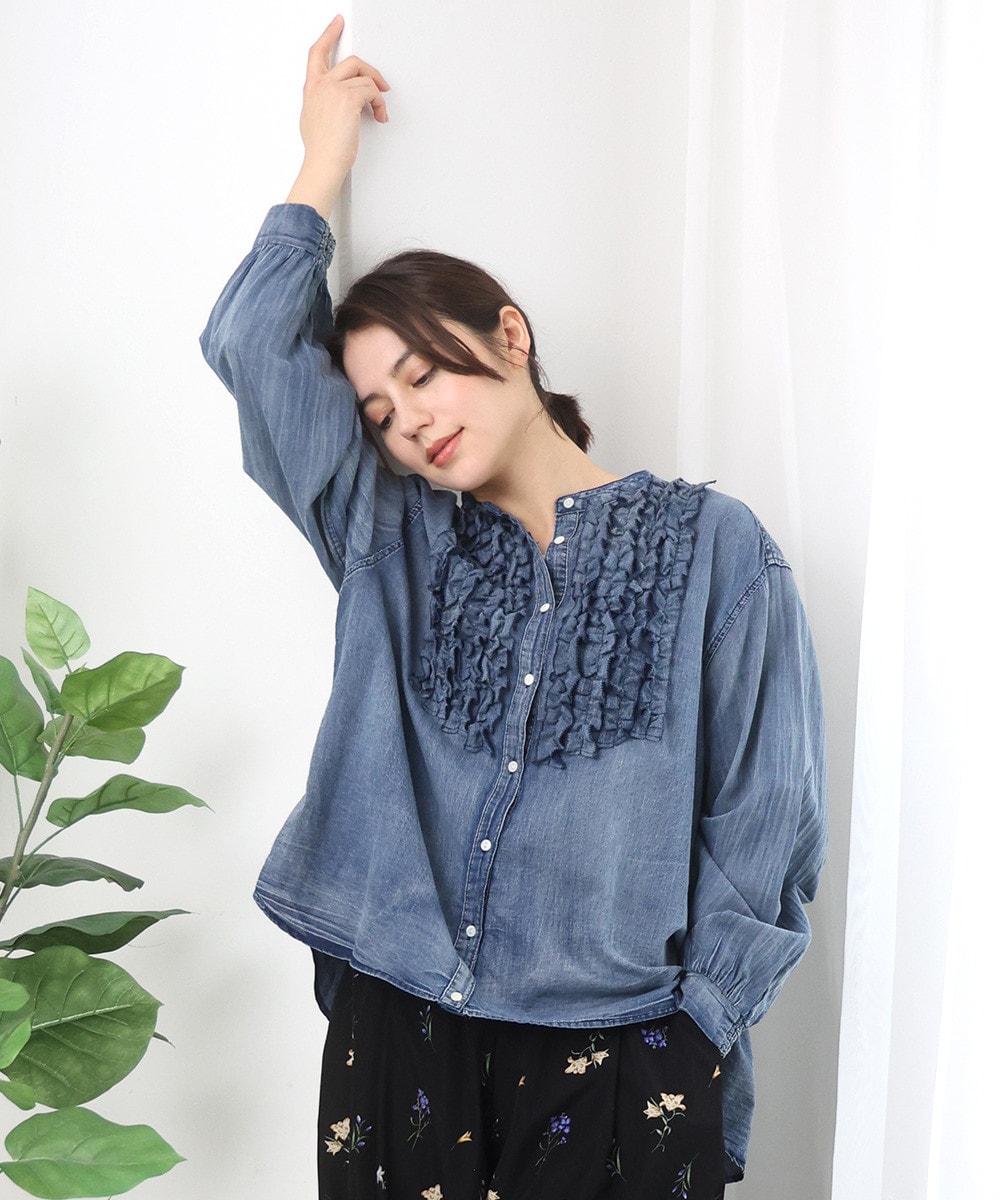デニムライクフロントフリルブラウス