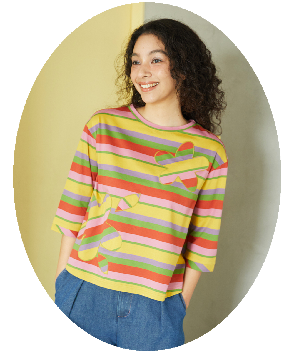 シルケット天竺フラワーボーダーアップリケTシャツ