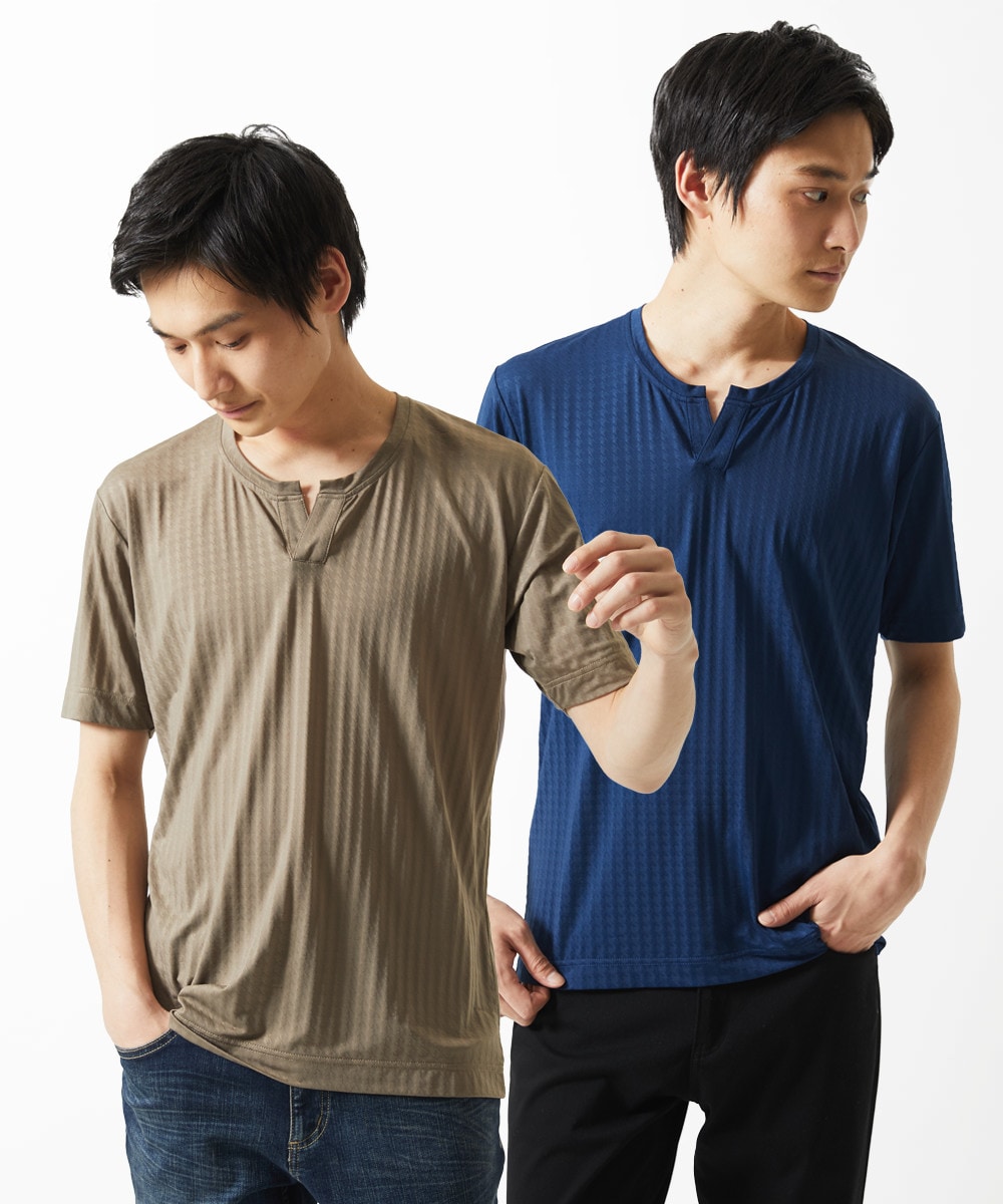 【接触冷感 / ひんやり】スキッパーネックTシャツ / チドリウエーブジャガード
