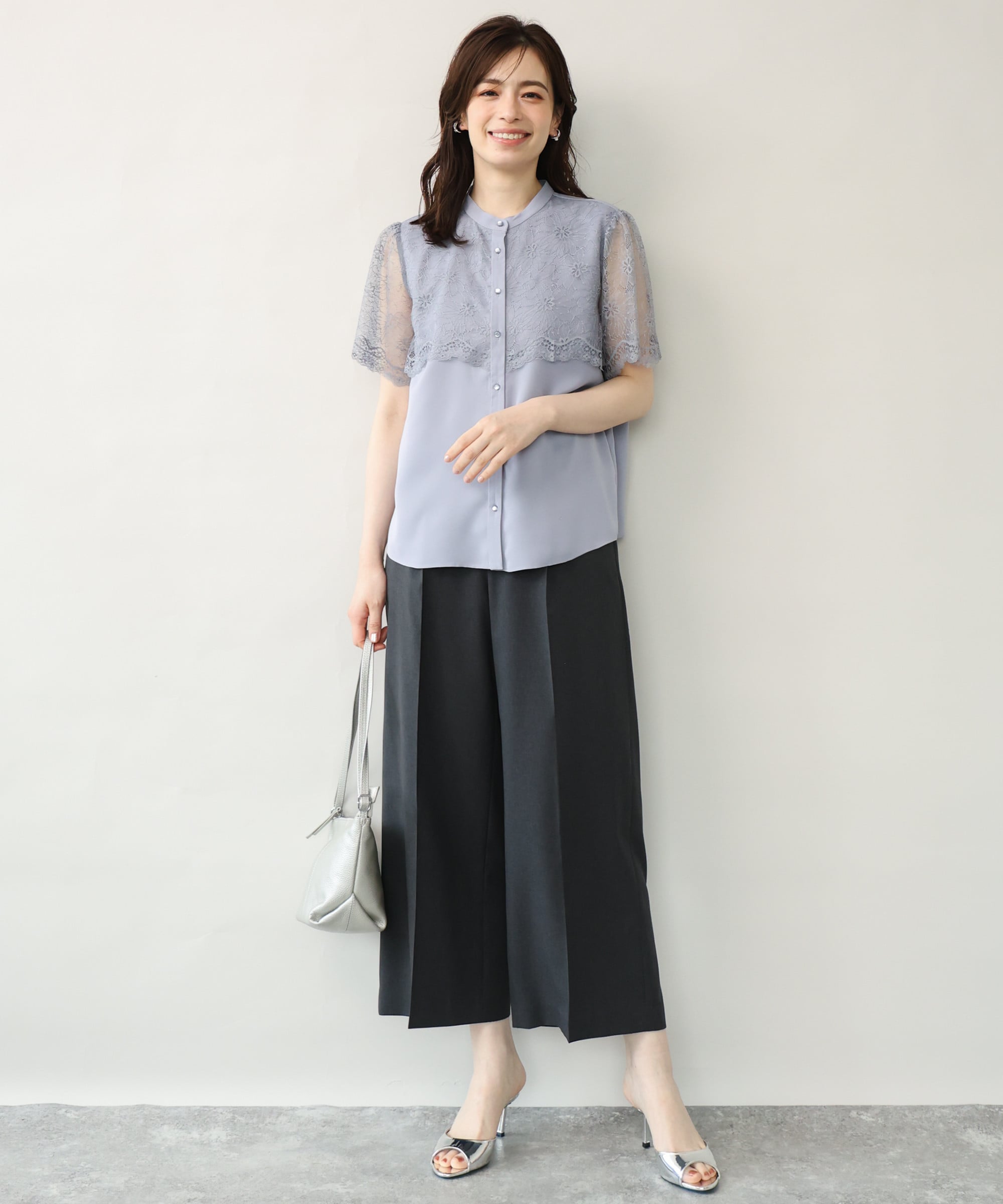 レース切替半袖ブラウス/UVカット/接触冷感/洗濯機で洗える/WEB限定サイズあり