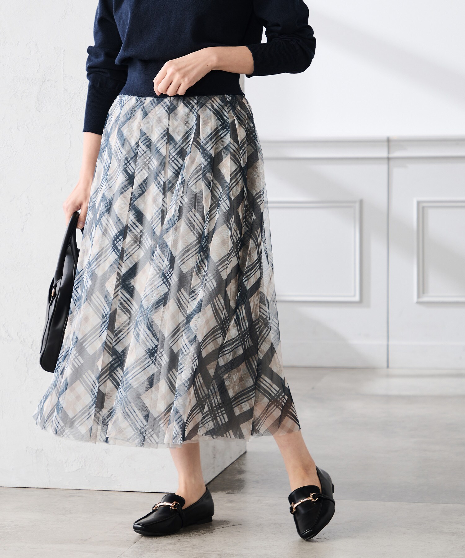 チェック柄チュールスカート