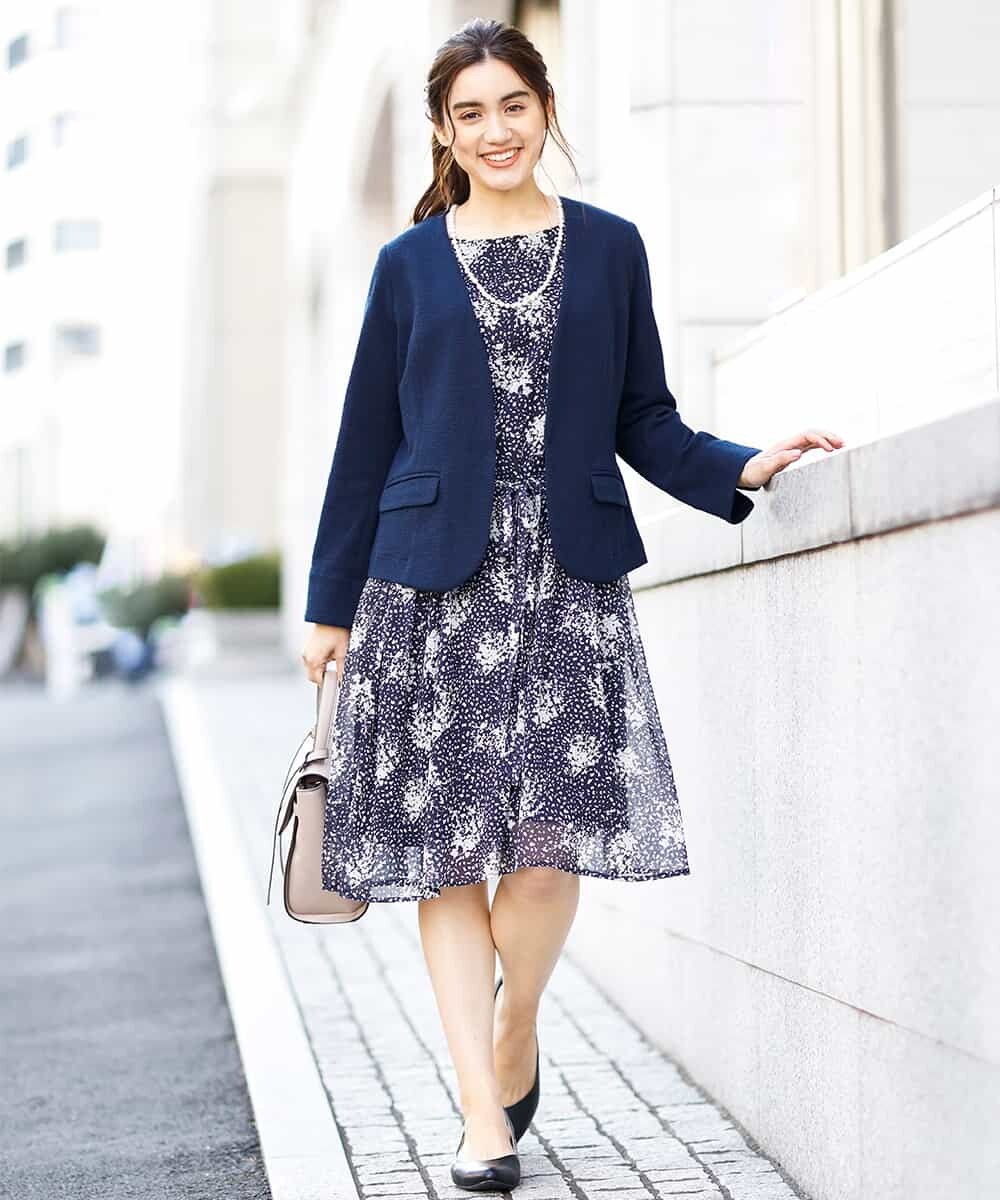 大きいサイズ エウルキューブのシフォンプリントワンピース ネイビー