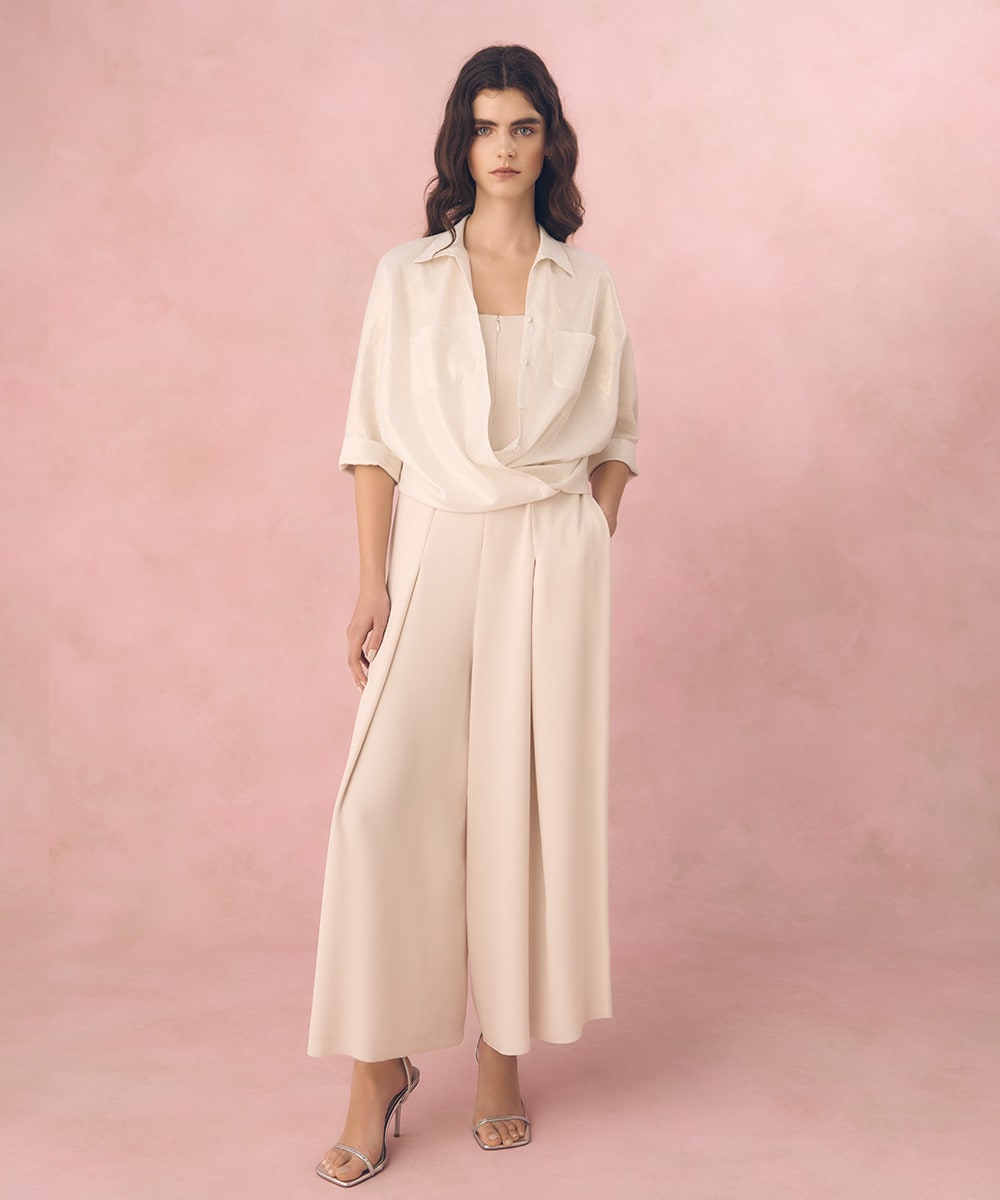 Back satin jumpsuit & metallic linen bamboo blouse