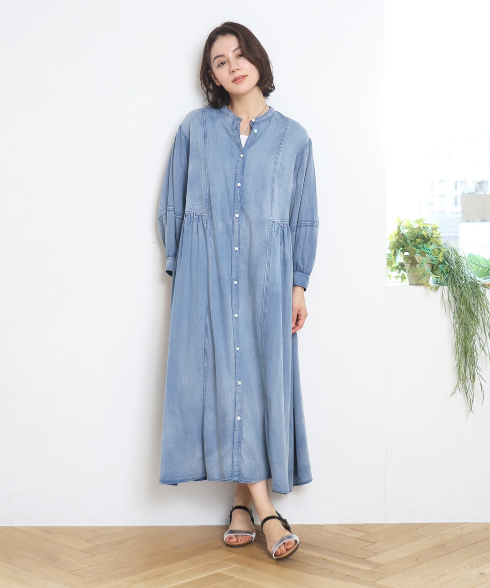デニムライクサイドギャザーワンピース
