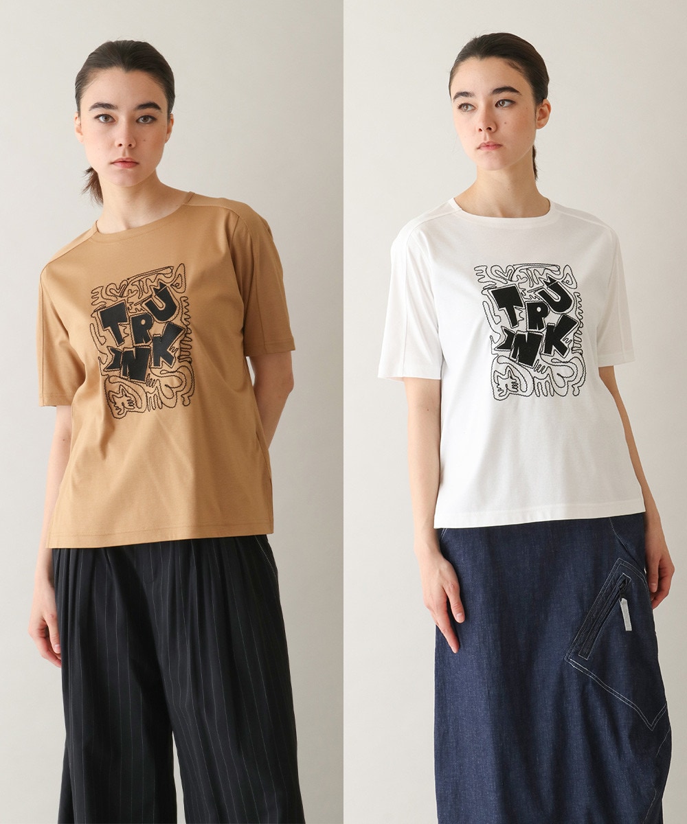 ネコモチーフロゴ刺繍カットソー /日本製/洗える
