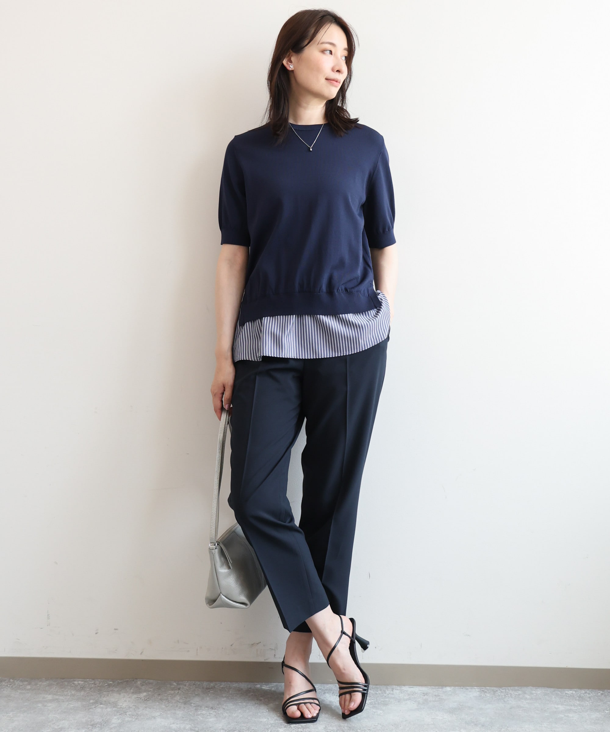 レイヤード風ストライプ切替ニットプルオーバー/UVカット/接触冷感/洗える/WEB限定サイズあり