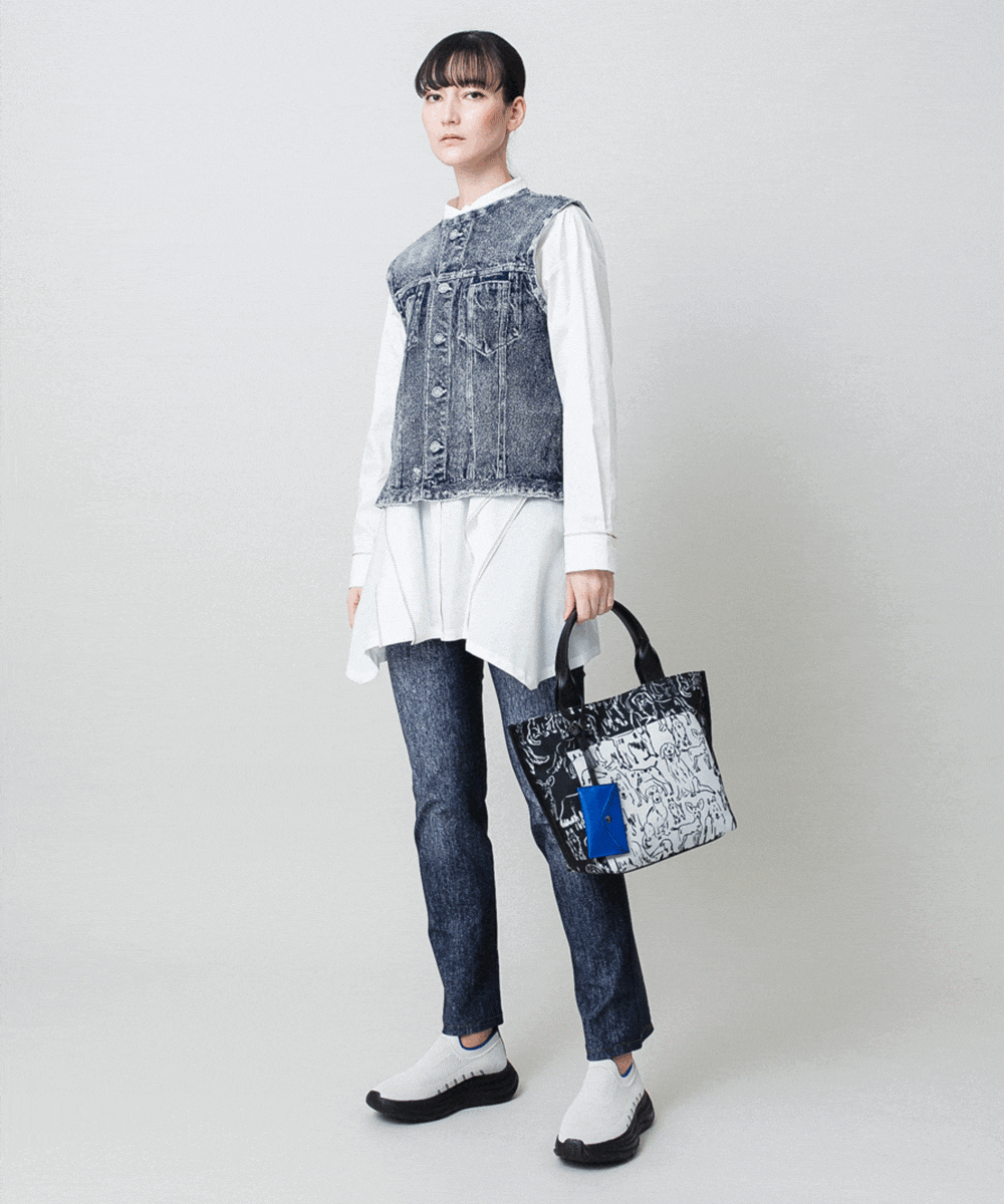 立体ストレッチデニムノーカラーベスト/日本製/洗える