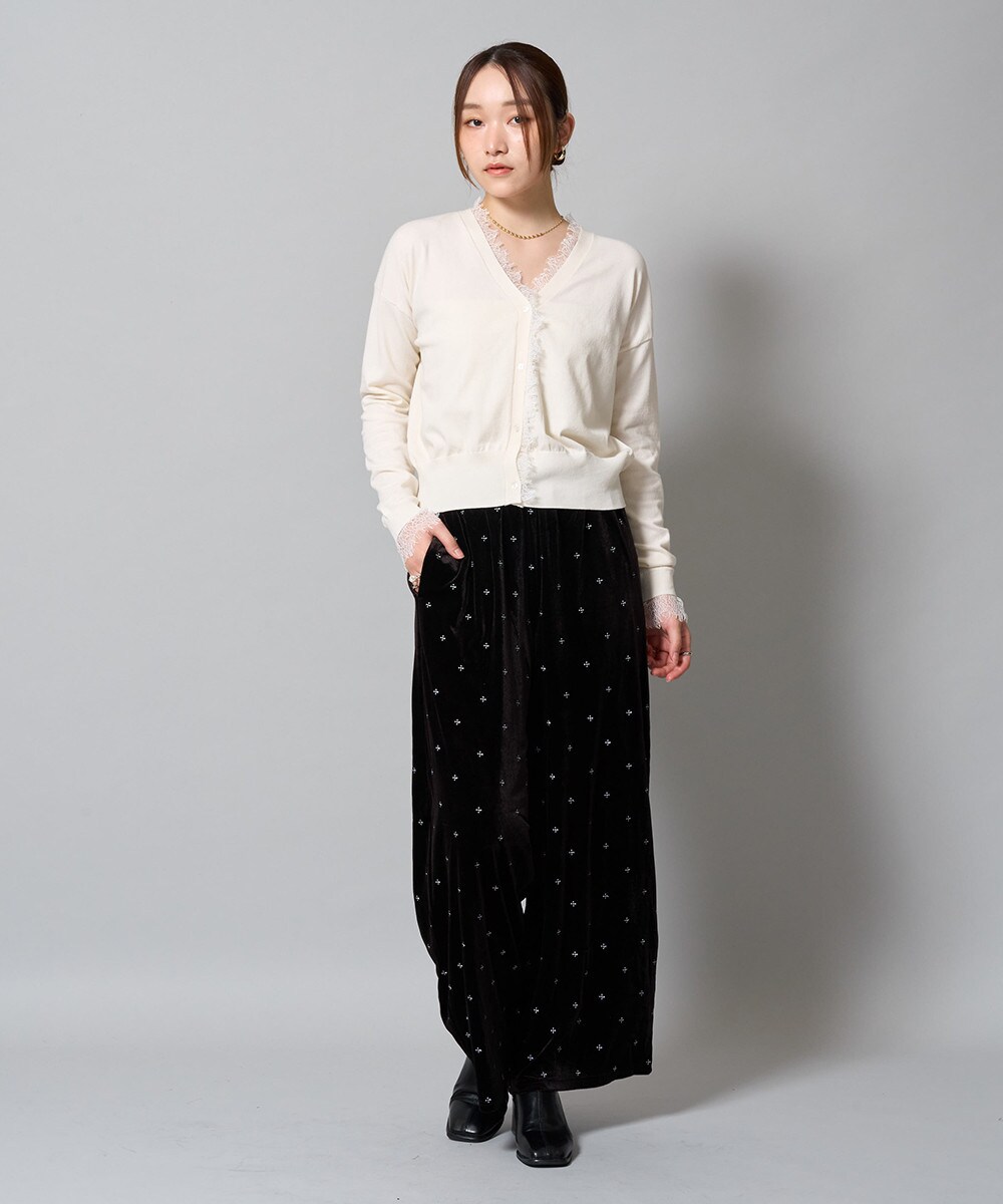 ベロア配色刺繍ワイドパンツ