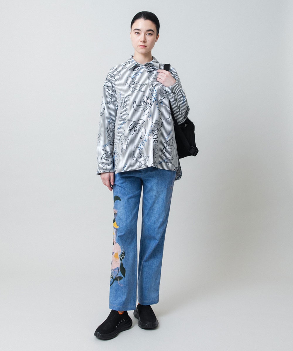ストライプフラワーワイドシルエットシャツ /洗える