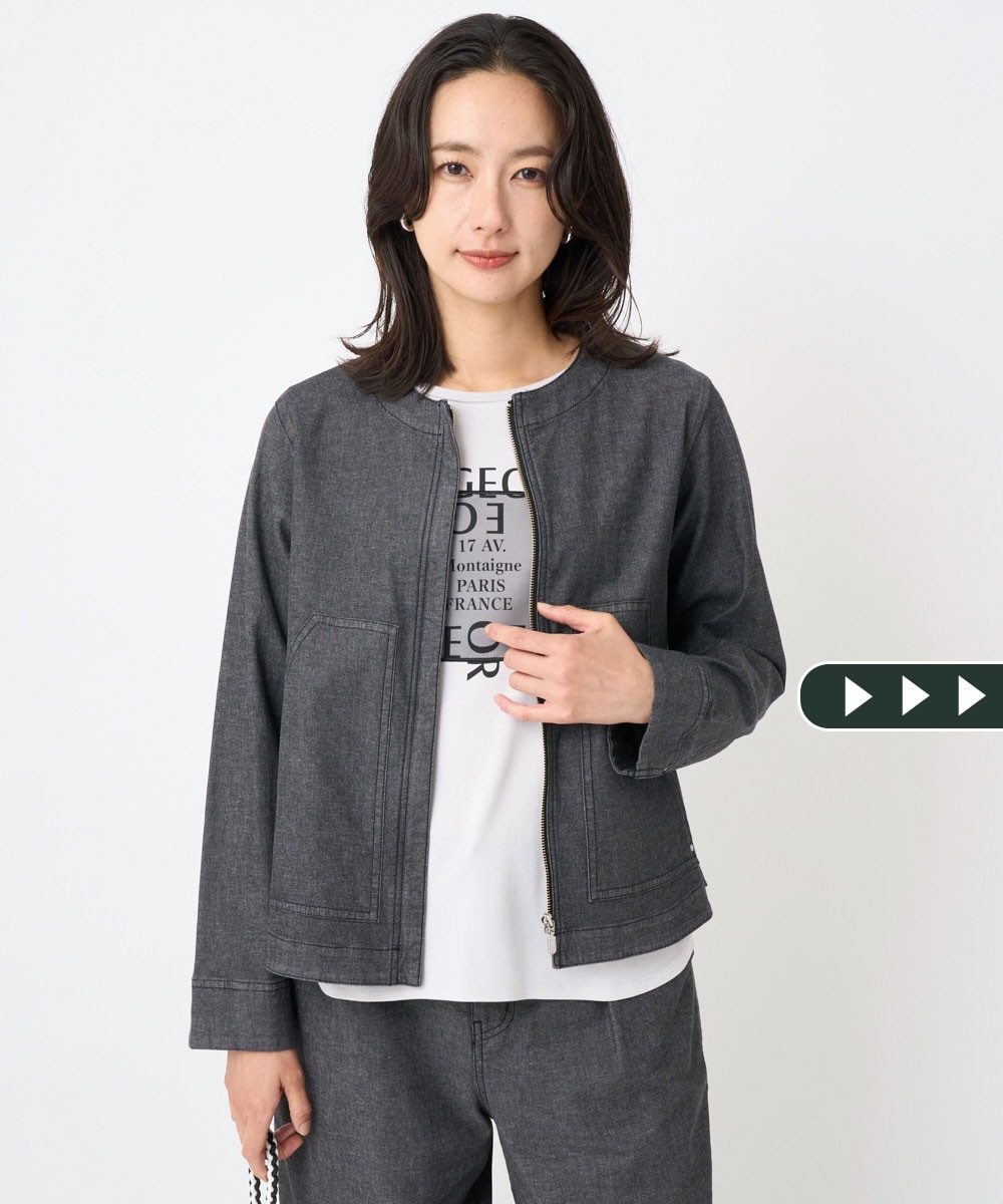 ノーカラーブラックデニムブルゾン