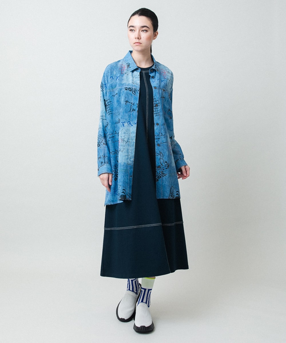 デニム風アートプリントロングシャツ/洗える