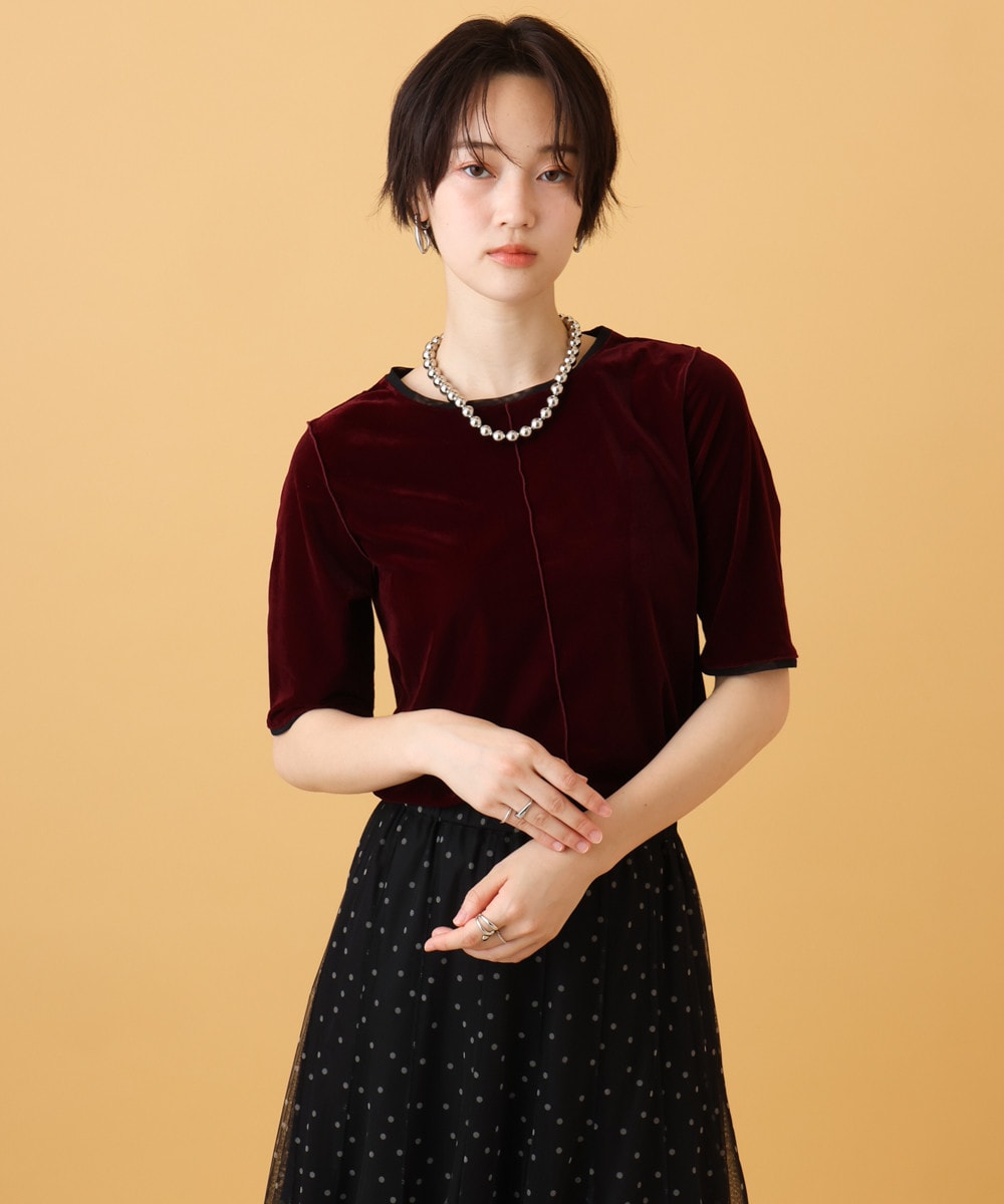 【洗える】チュールジョイントベロアカットソー