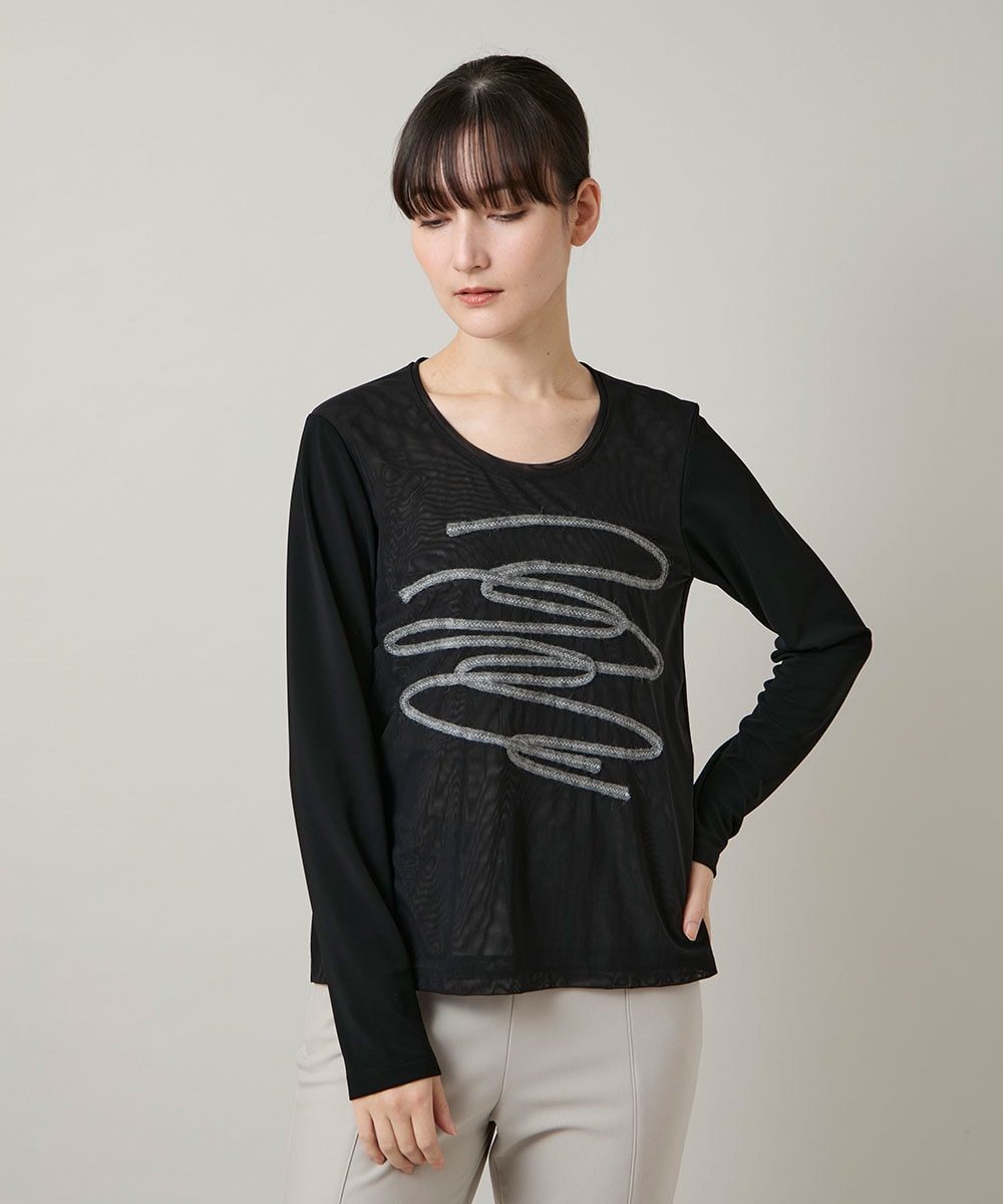 コード刺繍チュールレイヤーカットソー/日本製/洗える