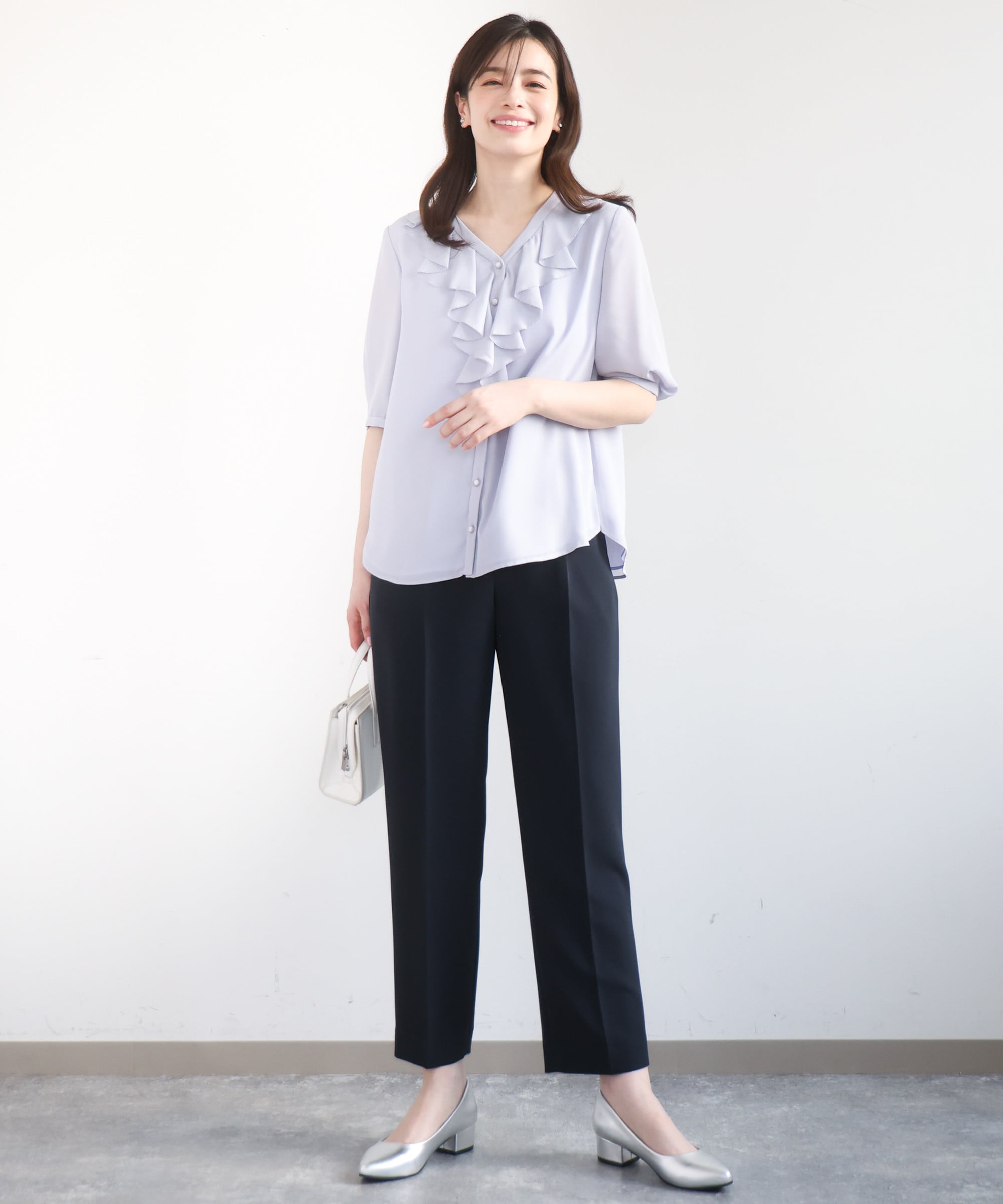 ジョーゼットVネックフリルブラウス/洗える/WEB限定サイズあり