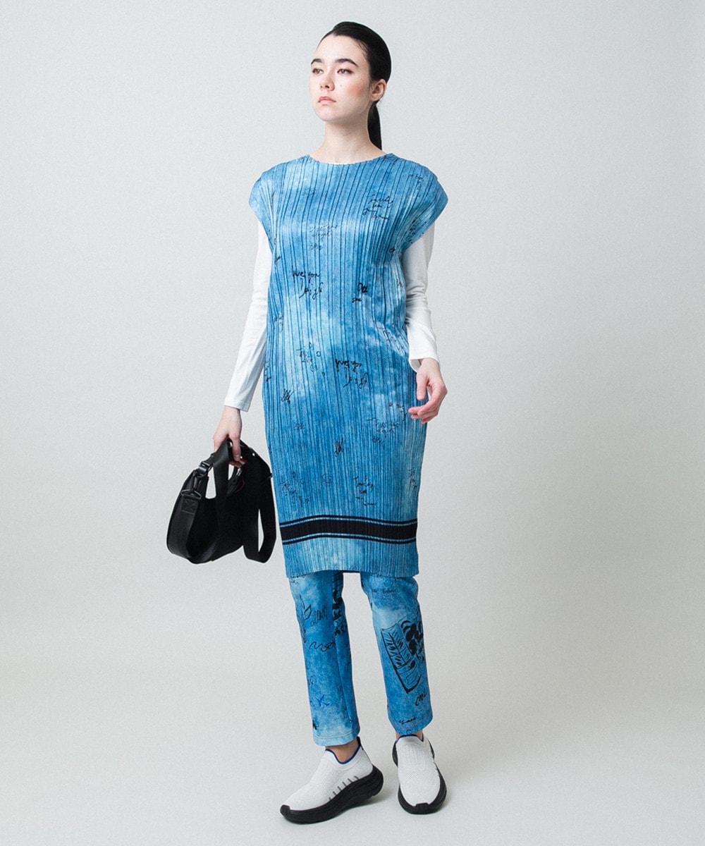 デニム風ロゴプリントプリーツチュニック/洗える