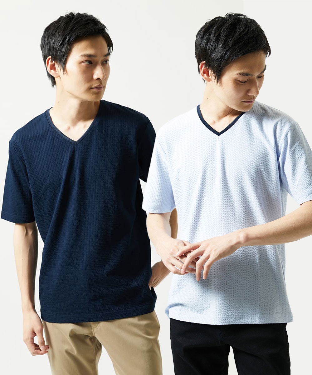 【洗える・サッカー素材】Vネックカットソー