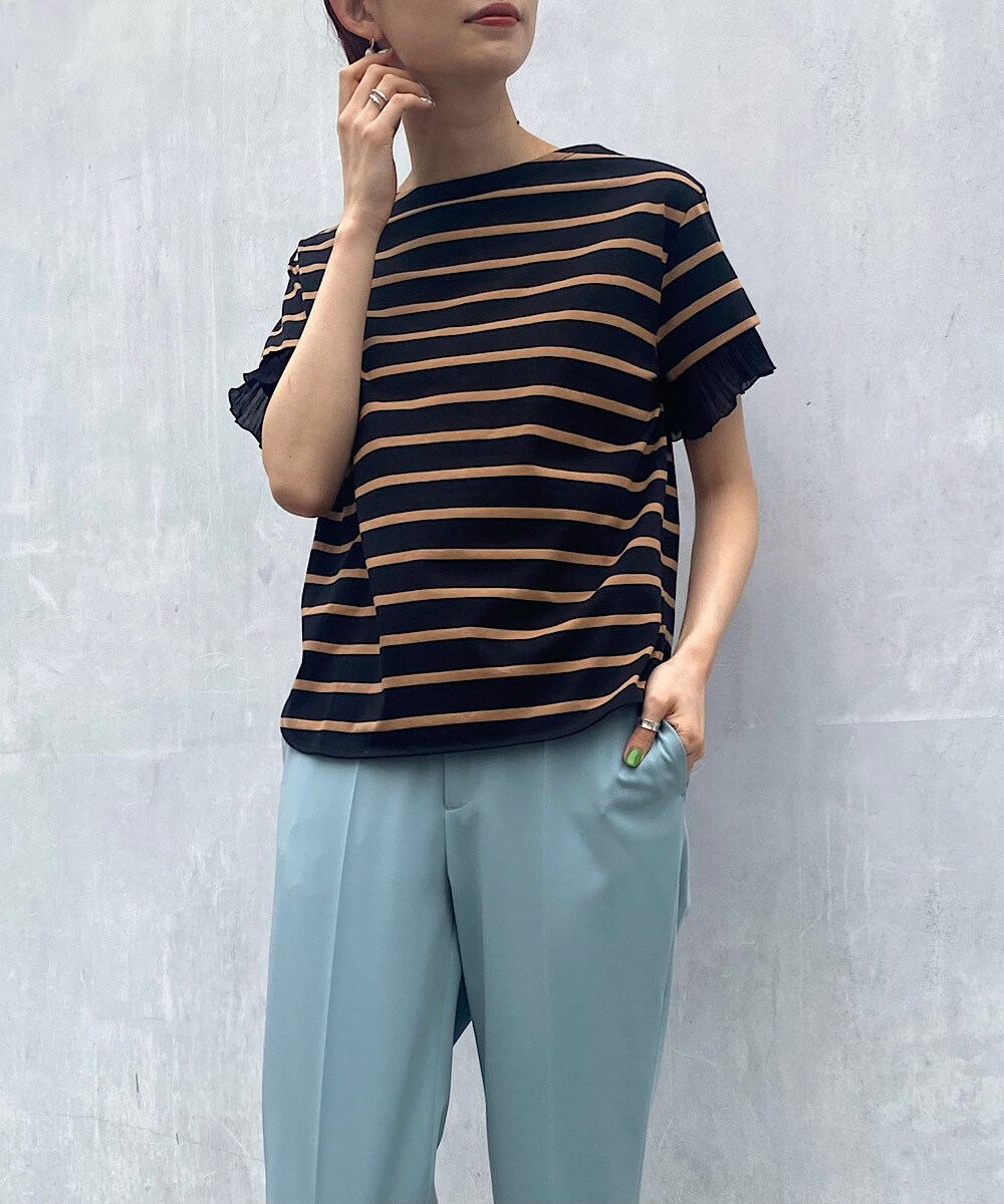 異素材プリーツ使い　ボーダーTシャツ　[ダブルネームライン]