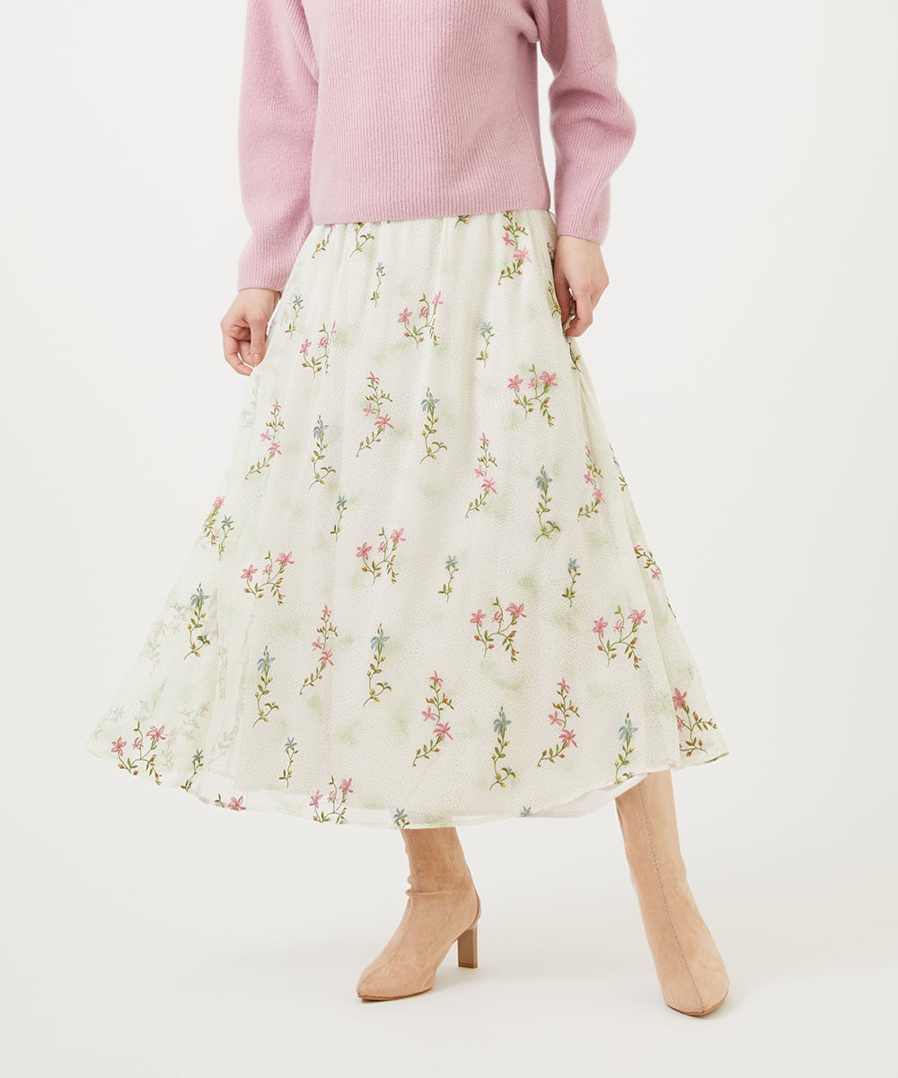 Dot print flower embroidery skirt
