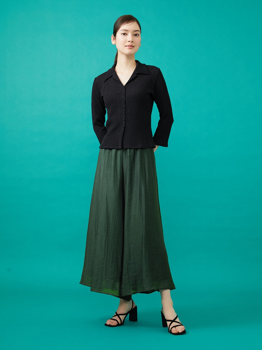 Shirring jersey cardigan x volume pants
