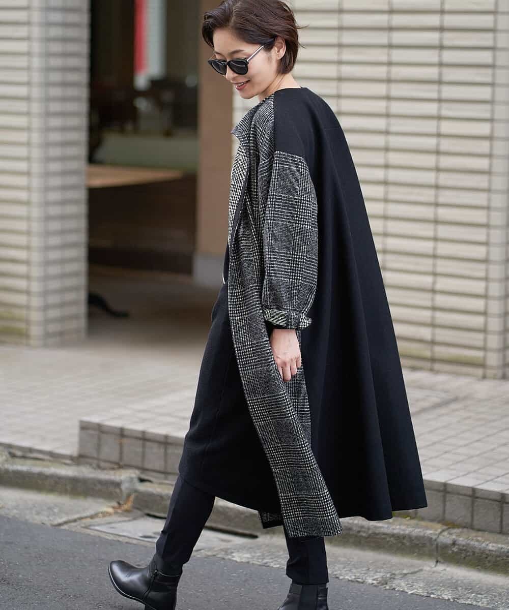 ジョルジュ・レッシュのグレンチェックロングコートを使ったコーディネート サイド