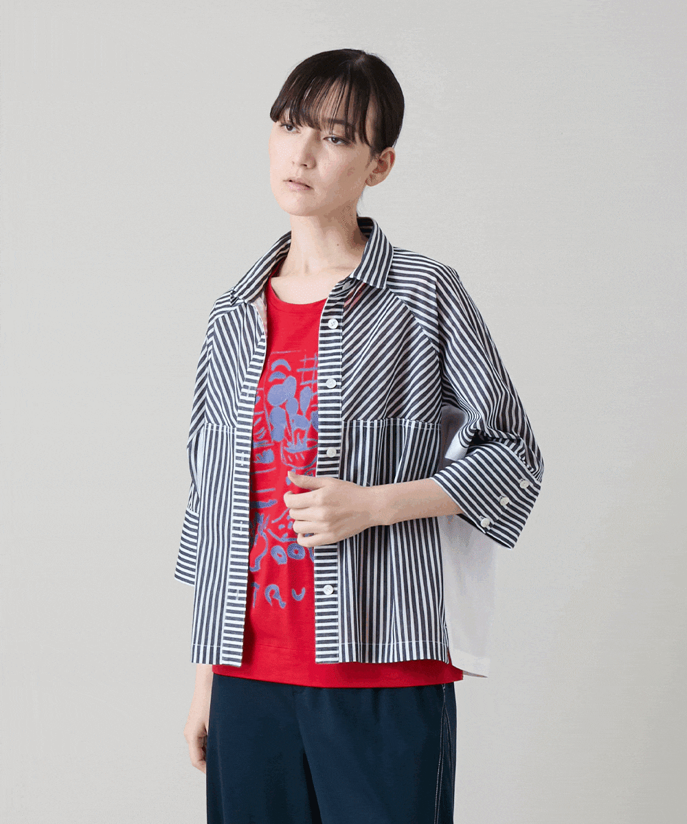 トリコットストライプデザインブラウス/洗える