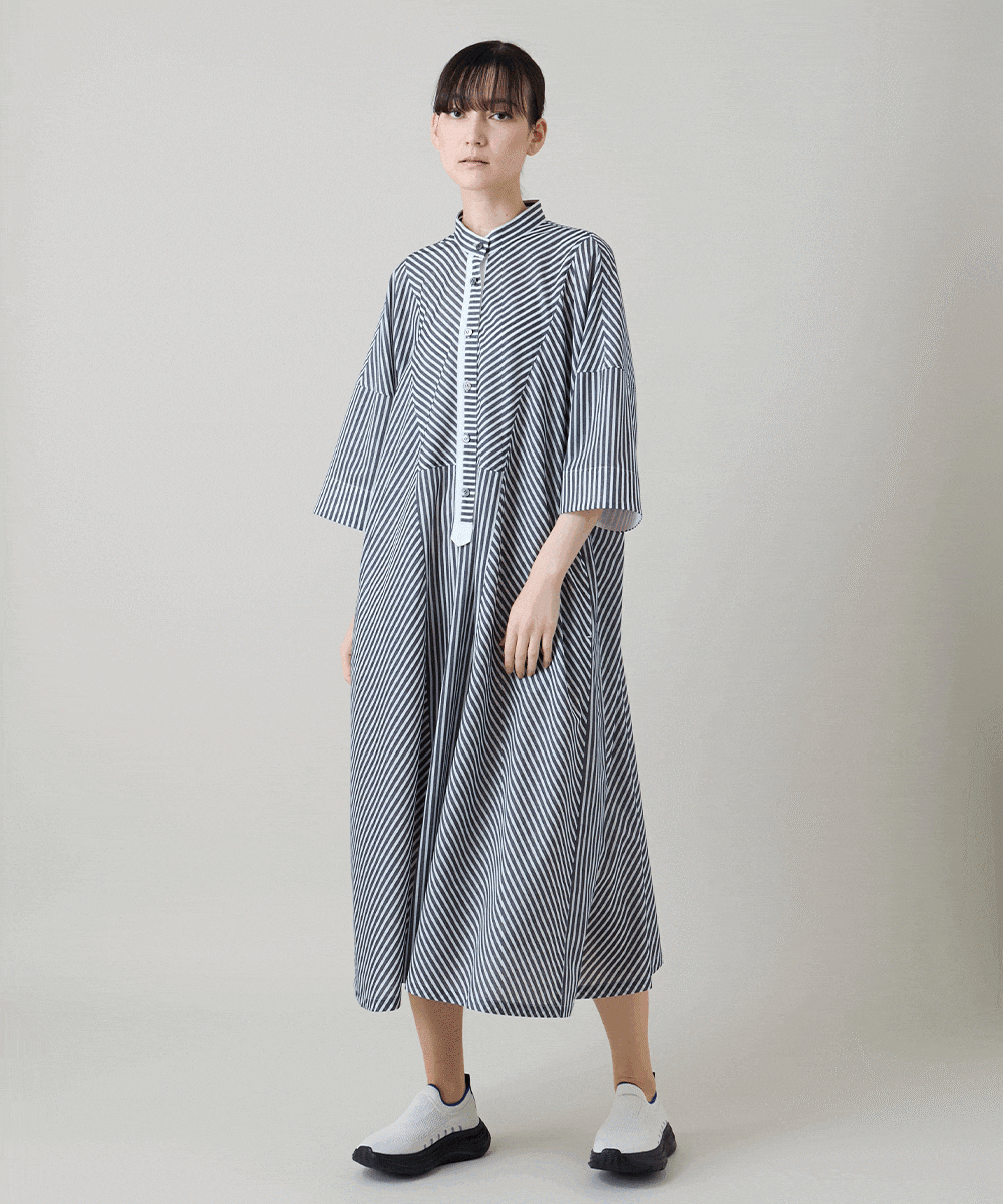 トリコットストライプ切り替えデザインワンピース /洗える