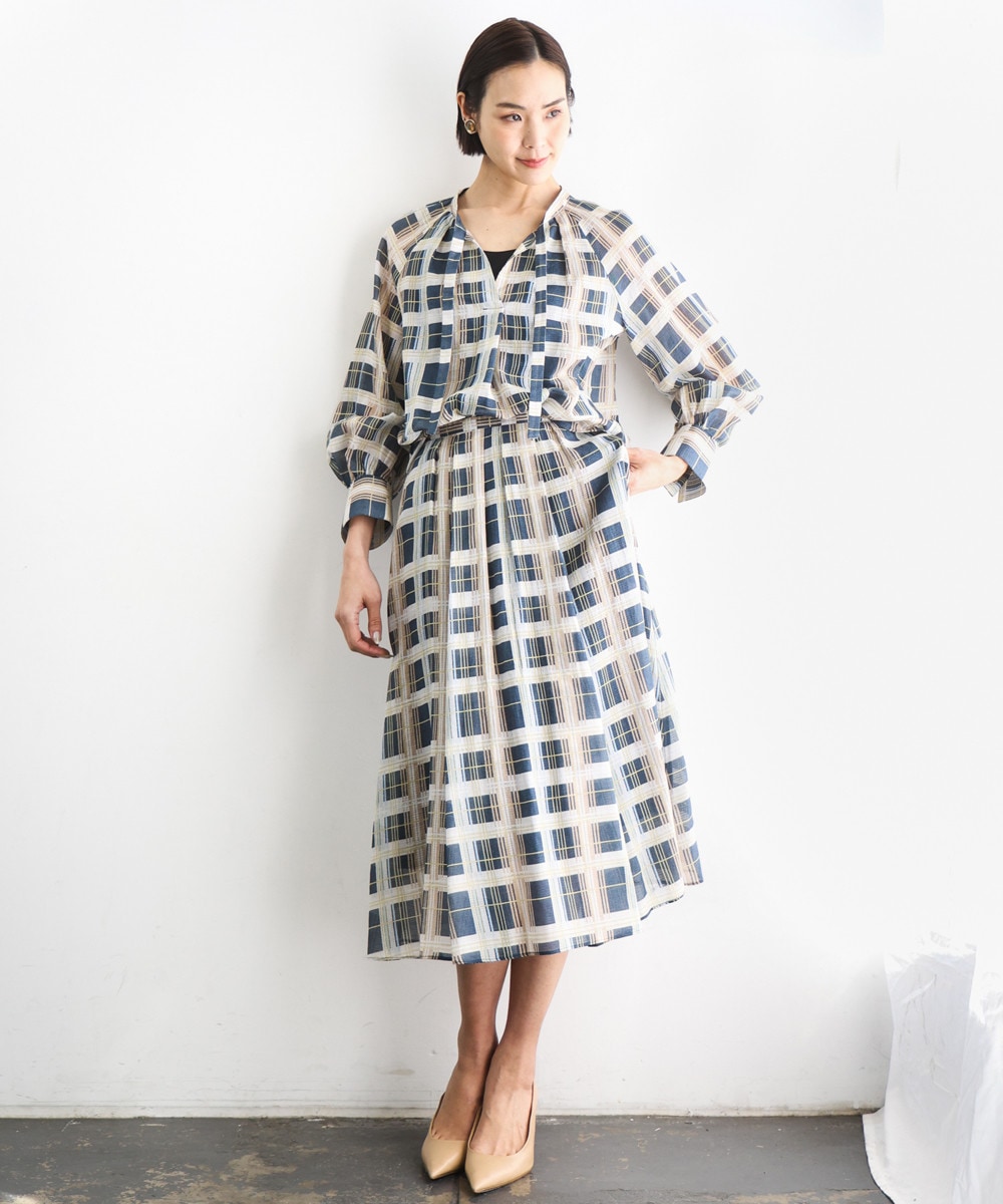 【NEW】[セットアップ対応]チェック柄細めリボンスキッパーブラウス