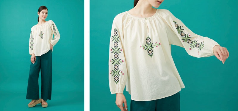 Botanical geometric embroidery blouse