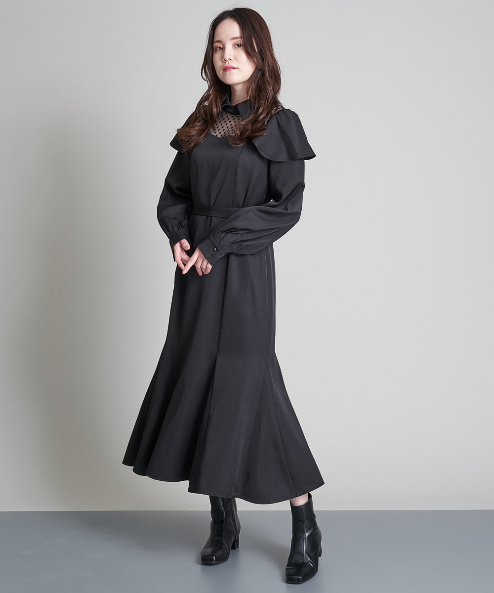 肩フリルチュールドッキングマーメイドワンピース(ワンピース) | A de  