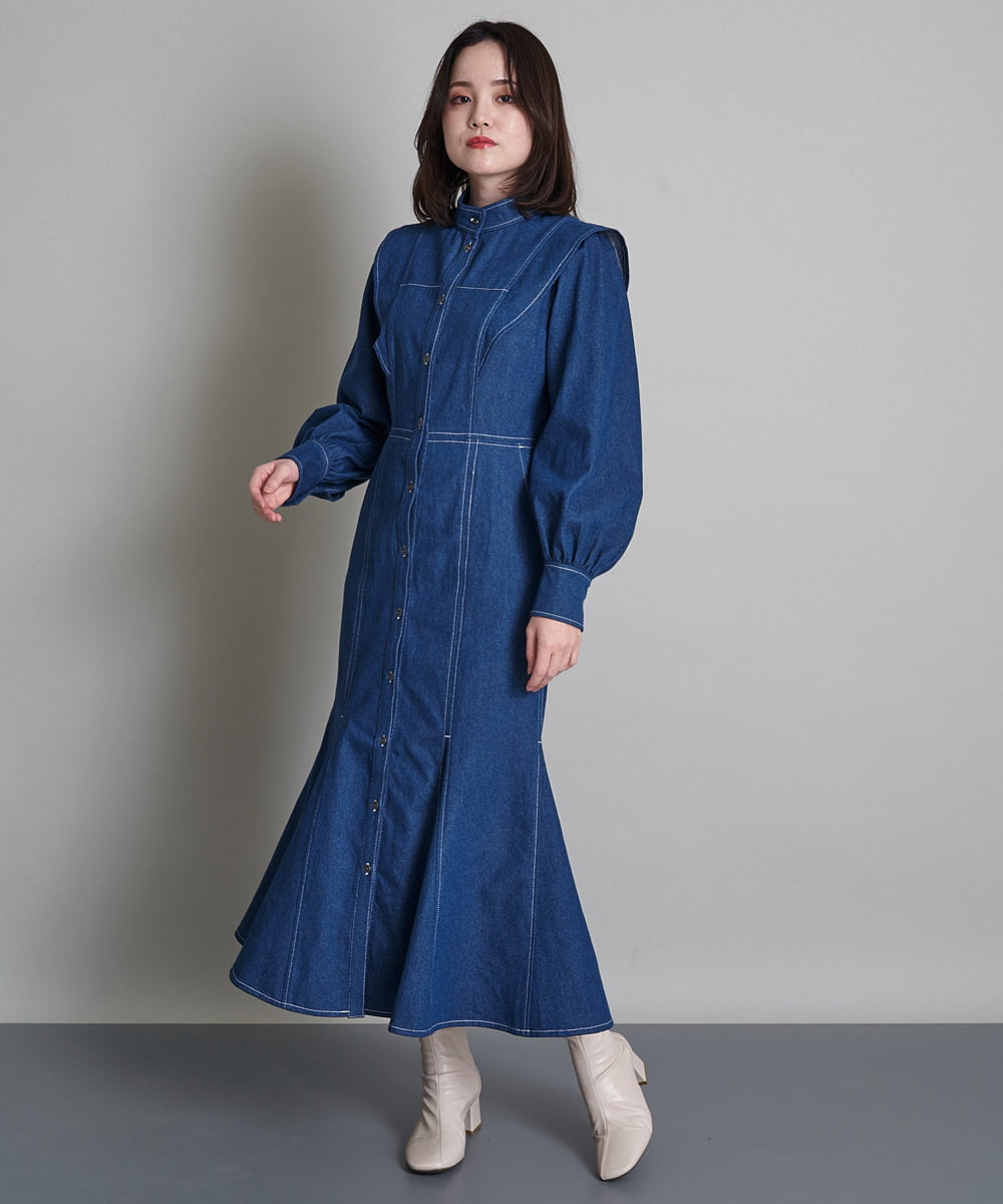 襟リボン付き肩ラッフルマーメイドデニムワンピース(ワンピース) | A  