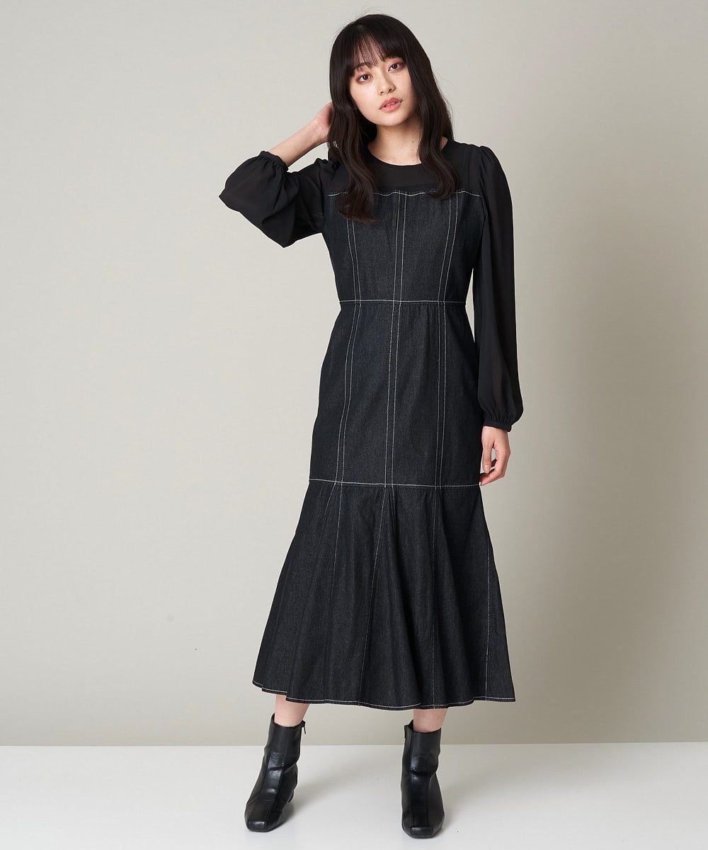 襟付きシフォンドッキングデニムマーメイドワンピ―ス(ワンピース) | A