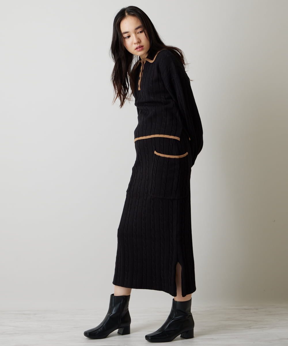 24AW◆リナシメント◆素敵ケーブルデザイン編みニット！黒タイトスカート！XS 24AW◇リナシメント◇素敵ケーブルデザイン編みニット！黒タイト