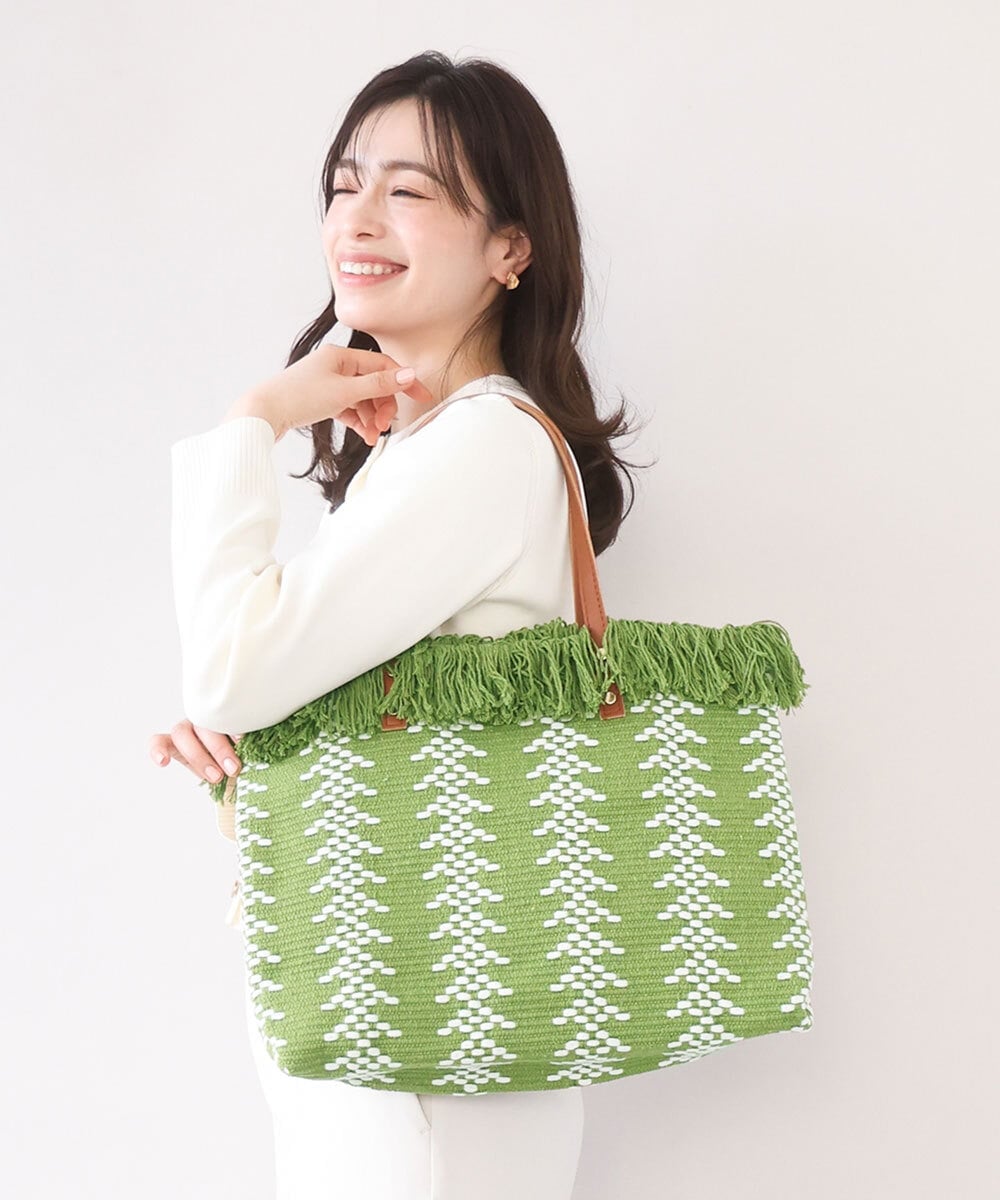 BJCJA65140 MK MICHEL KLEIN BAG(MK ミッシェルクラン バッグ) [A4収納可]幾何柄ジャカードフリンジトートバッグ グリーン