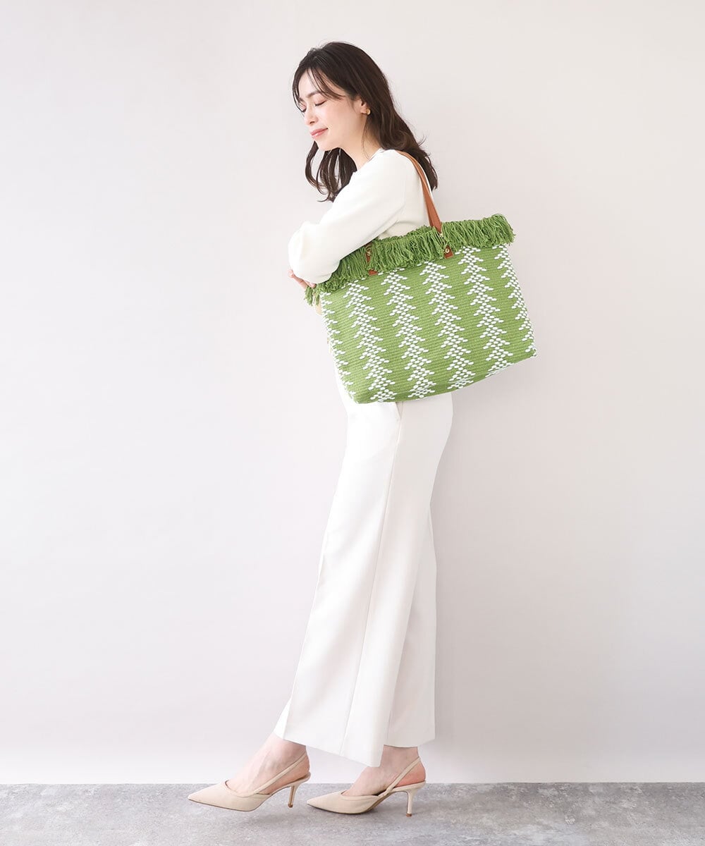 BJCJA65140 MK MICHEL KLEIN BAG(MK ミッシェルクラン バッグ) [A4収納可]幾何柄ジャカードフリンジトートバッグ グリーン