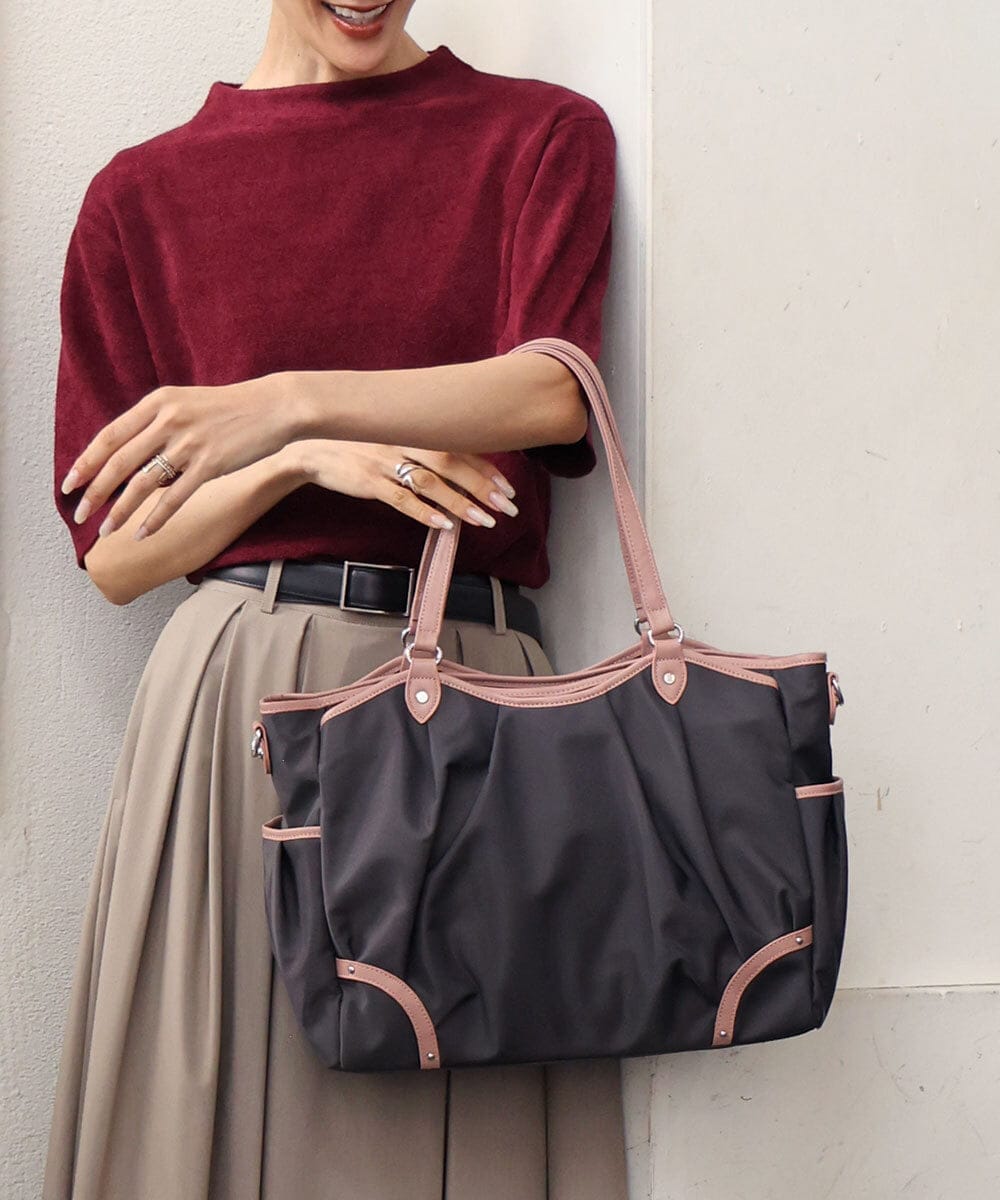 2WAY/撥水/A4収納可]レザージョイントタックデザイントートバッグ