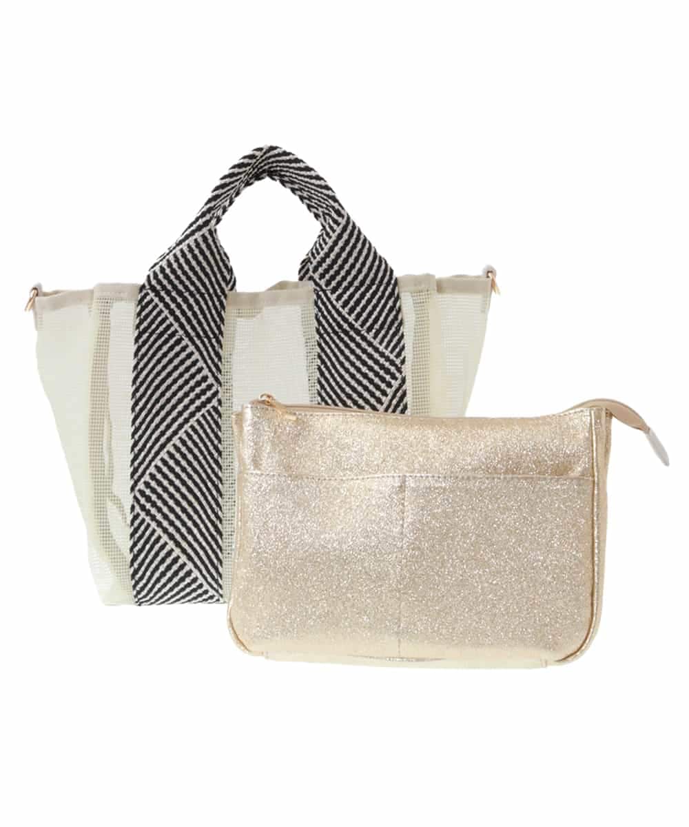 BPCGV53140 MK MICHEL KLEIN BAG(MK ミッシェルクラン バッグ) [2WAY/ポーチ付き]ラメアクセントメッシュトートバッグ アイボリー