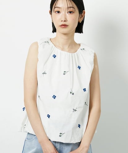 CTBID01060  フラワー刺繍 バルーンノースリーブブラウス