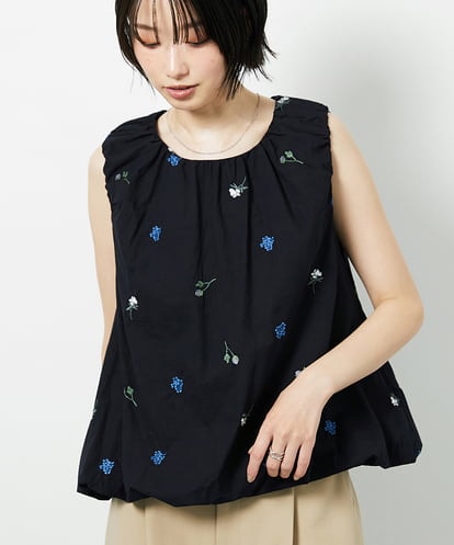 CTBID01060 TONEA フラワー刺繍 バルーンノースリーブブラウス