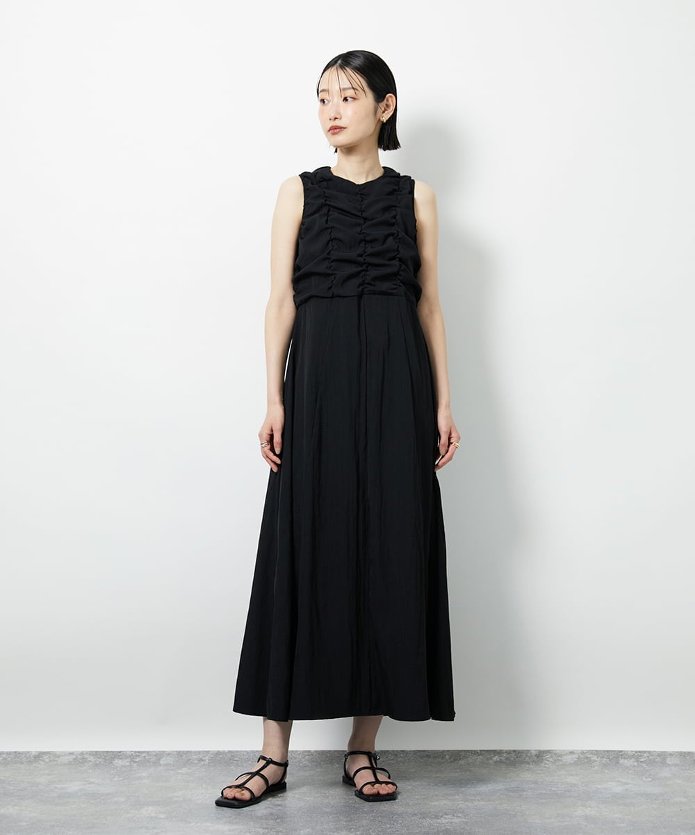 CTEID02072 TONEA(トネア) リネンライク ギャザーノースリブワンピース ブラック