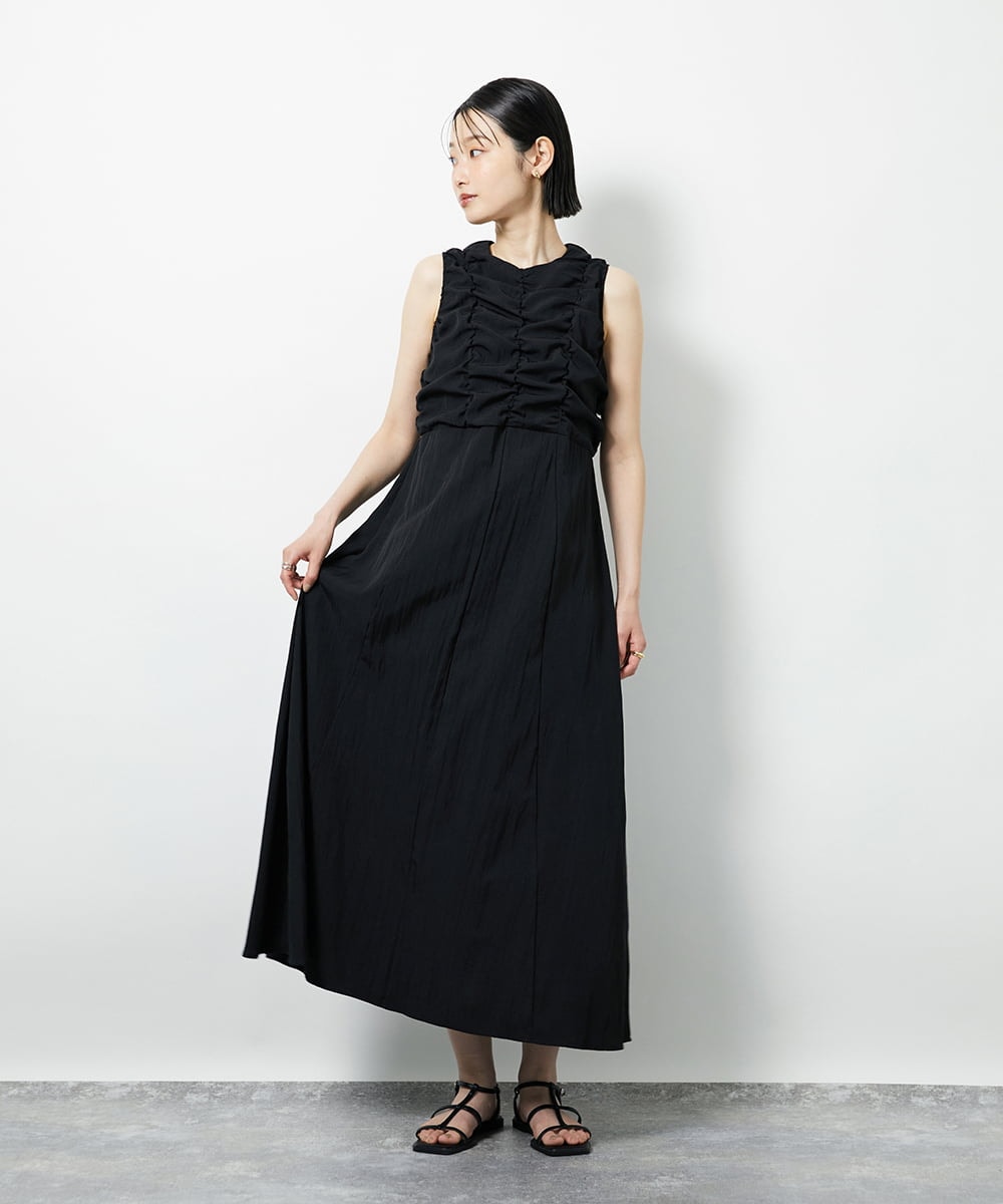 CTEID02072 TONEA(トネア) リネンライク ギャザーノースリブワンピース ブラック