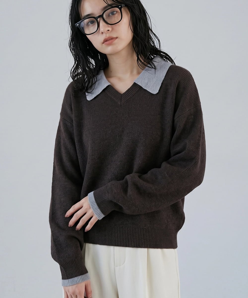 CTFAG03061 TONEA(トネア) 配色Vネックニット プルオーバー ブラウン