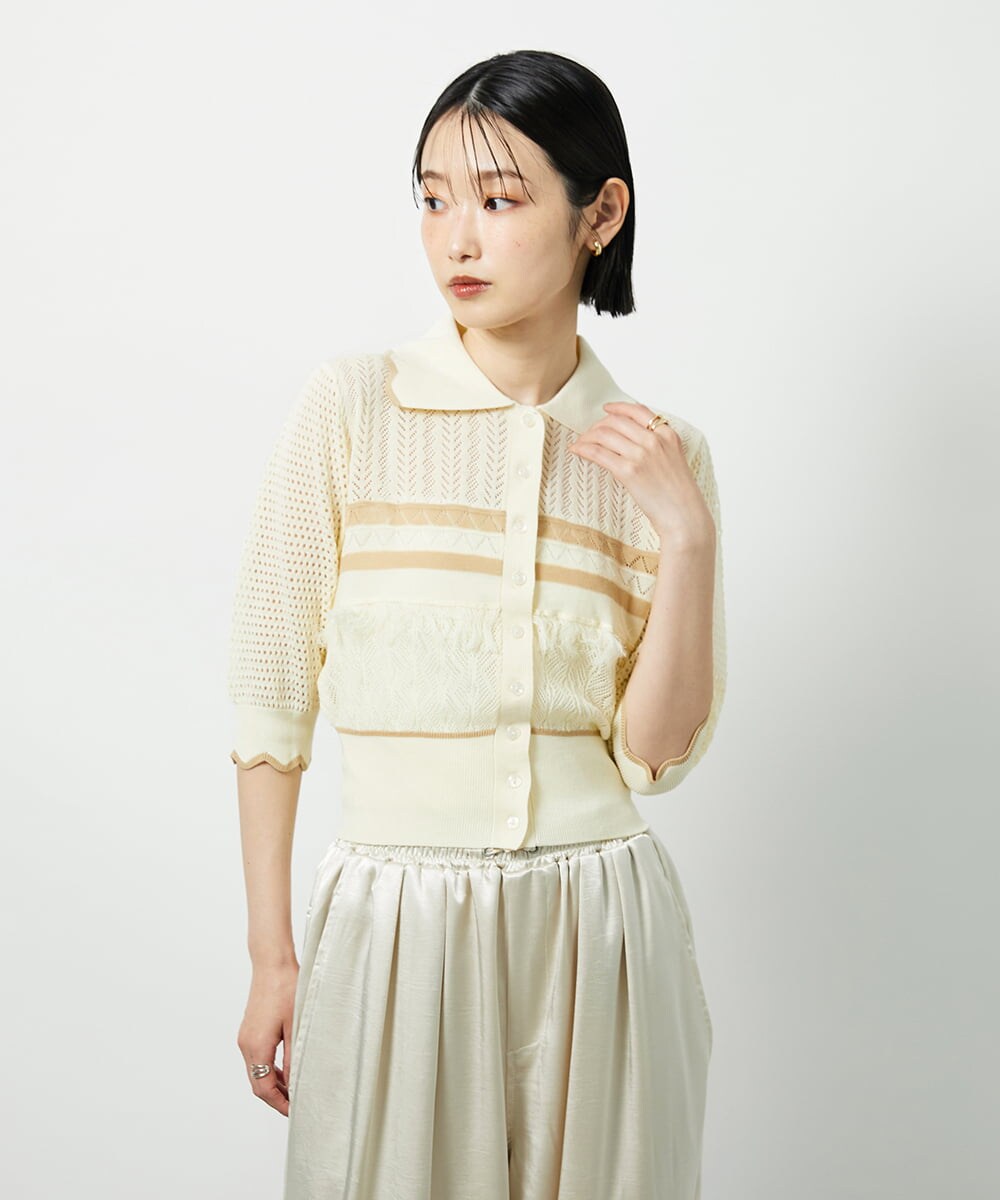 CTFID02085 TONEA 透かし編み 配色ポロニット アイボリー