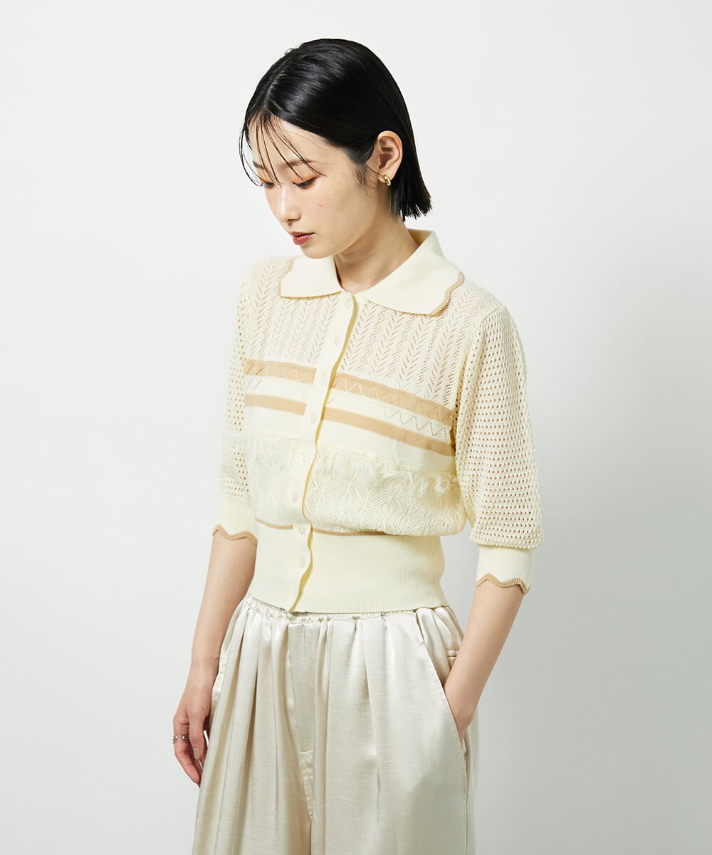 CTFID02085 TONEA 透かし編み 配色ポロニット アイボリー