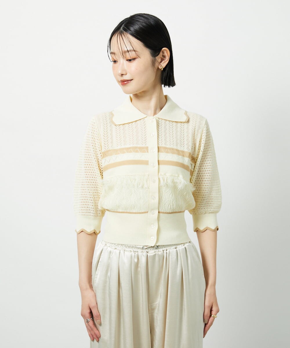 CTFID02085 TONEA 透かし編み 配色ポロニット アイボリー